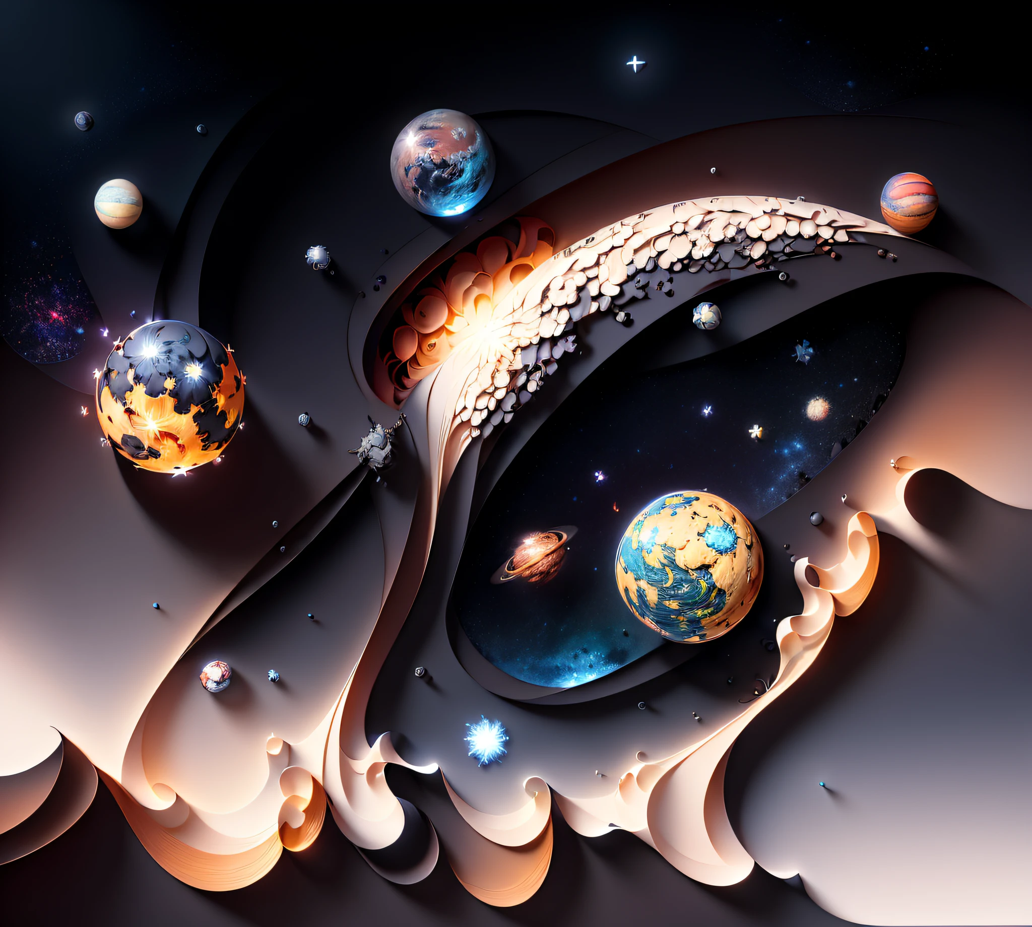 (((Meisterwerk))),best quality, Illustration, Exoplanet, Ozeane, Raumschiffe, Alienwelt, Supernova, Nebula \(Symbol\), Papier_schneiden, (schwarzer Hintergrund:1.1)