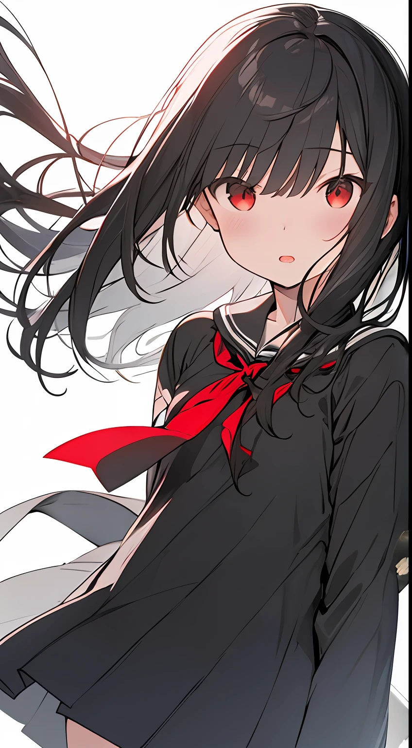 monochrome color, Red Art, grayscales、​masterpiece、top-quality、Top image quality、straight haired、Hanging eyes、kawaii、A dark-haired、red eyes、校服、the wind、