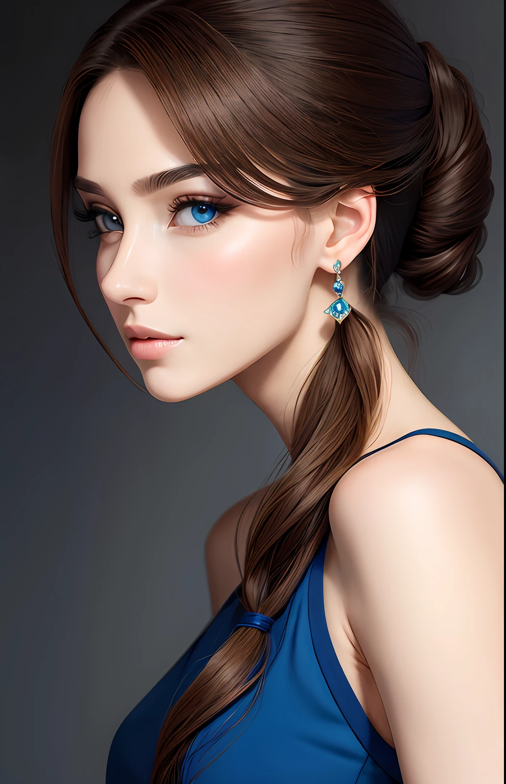 animesque、portraitures、One Person23Pretty woman of year old、Moisturized eyes、Casual clothing、a picture、androgynous hunnuman、oval jaw、Delicate features、beautiful countenance、The hair、long pony tail、Blue eyes with a beautiful glow、LDS Art