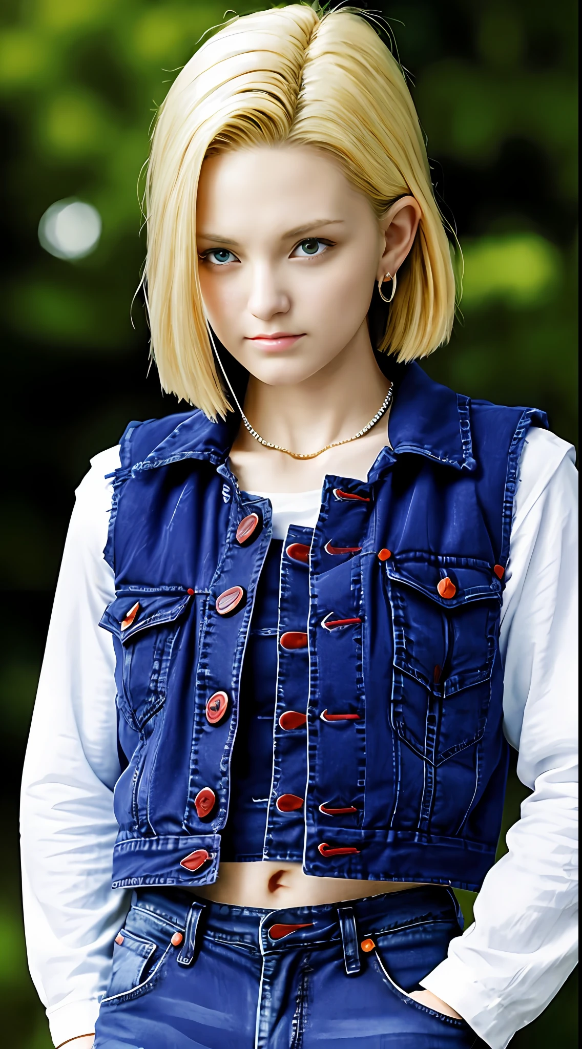 masutepiece, Best Quality, Portrait of cute android18DB, Realistic face, Solo, earrings, Jewelry, jeans, brave, eyeshadows closed, vests, Pants, plein air, gloves, Necklace, jeans, Rock, Standing, fighting position, Volumetric lighting, Best Quality, masutepiece, Intricate details, tonemapping, Sharp Focus, Hyper Detailed、dragon balls、Artificial human１８number、A Japanese Lady、japanes,a blond