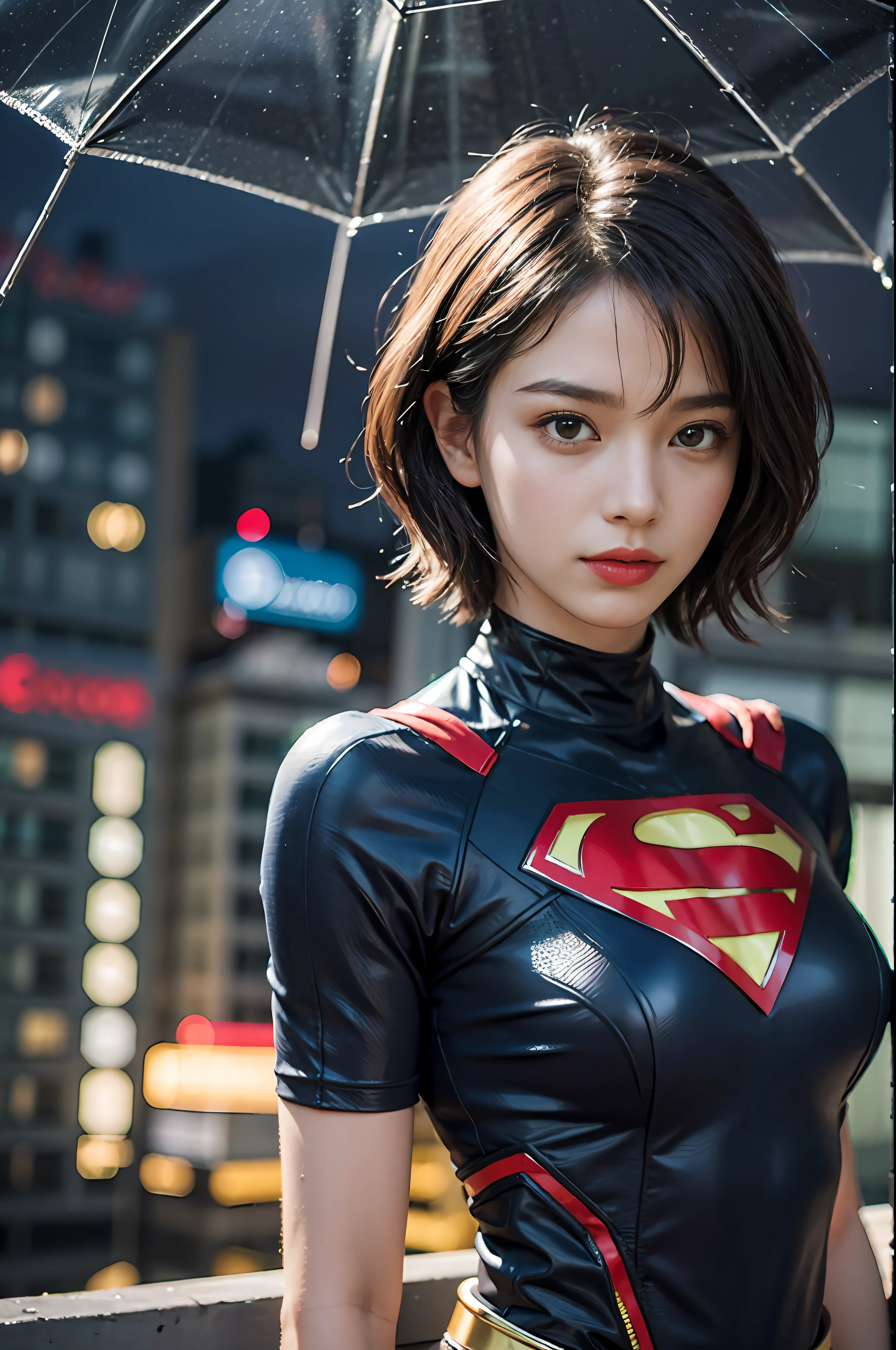 Best Quality, masutepiece, (Photorealistic:2), Ultra High Resolution, Highly detailed, A hyper-realistic, 1girl in, Supergirl Suit, superman logo, Spider-Man pattern, Colorful、(((very_short_hair))), Short hair, Slim body, Full Shot, Looking at Viewer, Night, On the roof of a building, Rain, Dark Scene, Dark atmosphere, light neon, myst, cloudy, Lightning, Detailed background