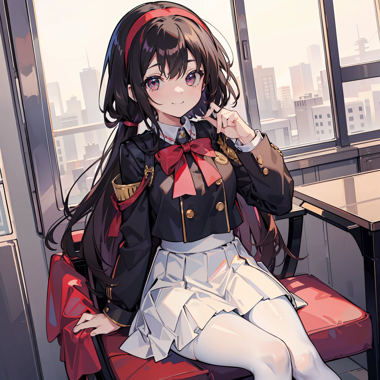 masterpiece, best quality, highres, 1girl fuka kiryuin asymmetrical bangs, white skirt black pantyhose smile, sitting on chair, red uniform, smug smile, black hairband