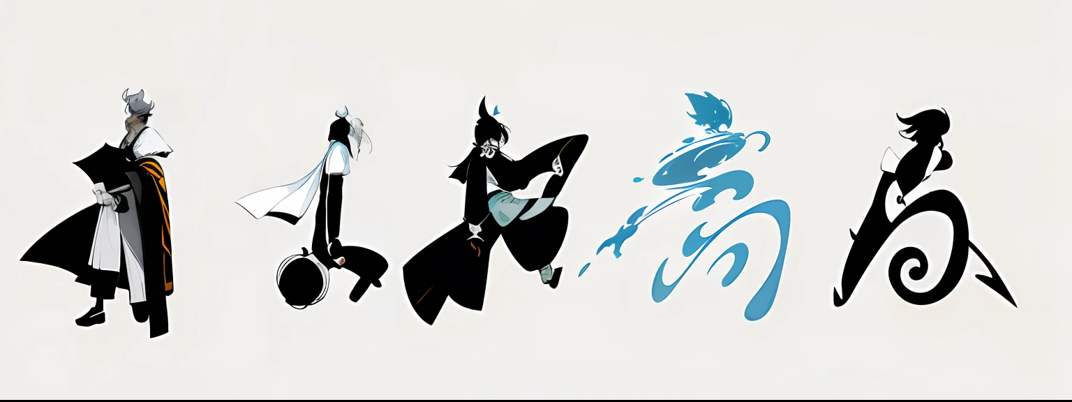 Five Taoist priests in ancient costumes,Black and white style,water ink,Fairy wind road bone,Artistic sense
