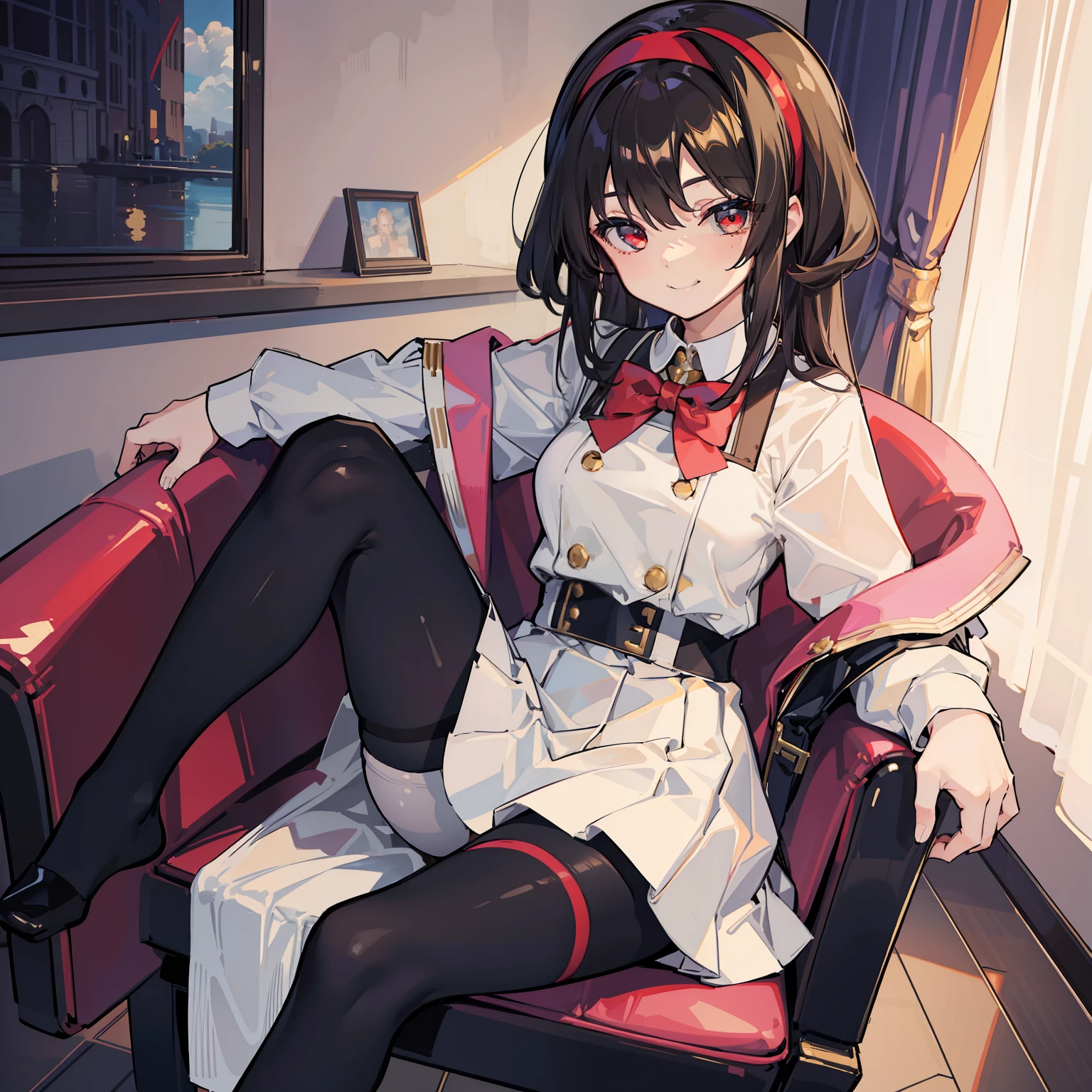 masterpiece, best quality, highres, 1girl fuka kiryuin asymmetrical bangs, white skirt black pantyhose smile, sitting on  chair, red uniform, smug smile, black hairband