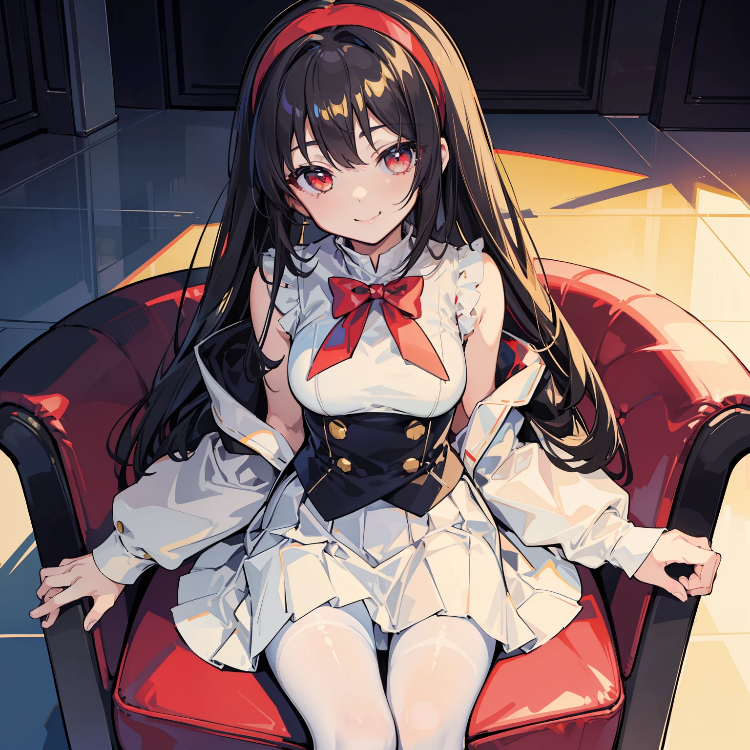 masterpiece, best quality, highres, 1girl fuka kiryuin asymmetrical bangs, white skirt black pantyhose smile, sitting on  chair, red uniform, smug smile, black hairband