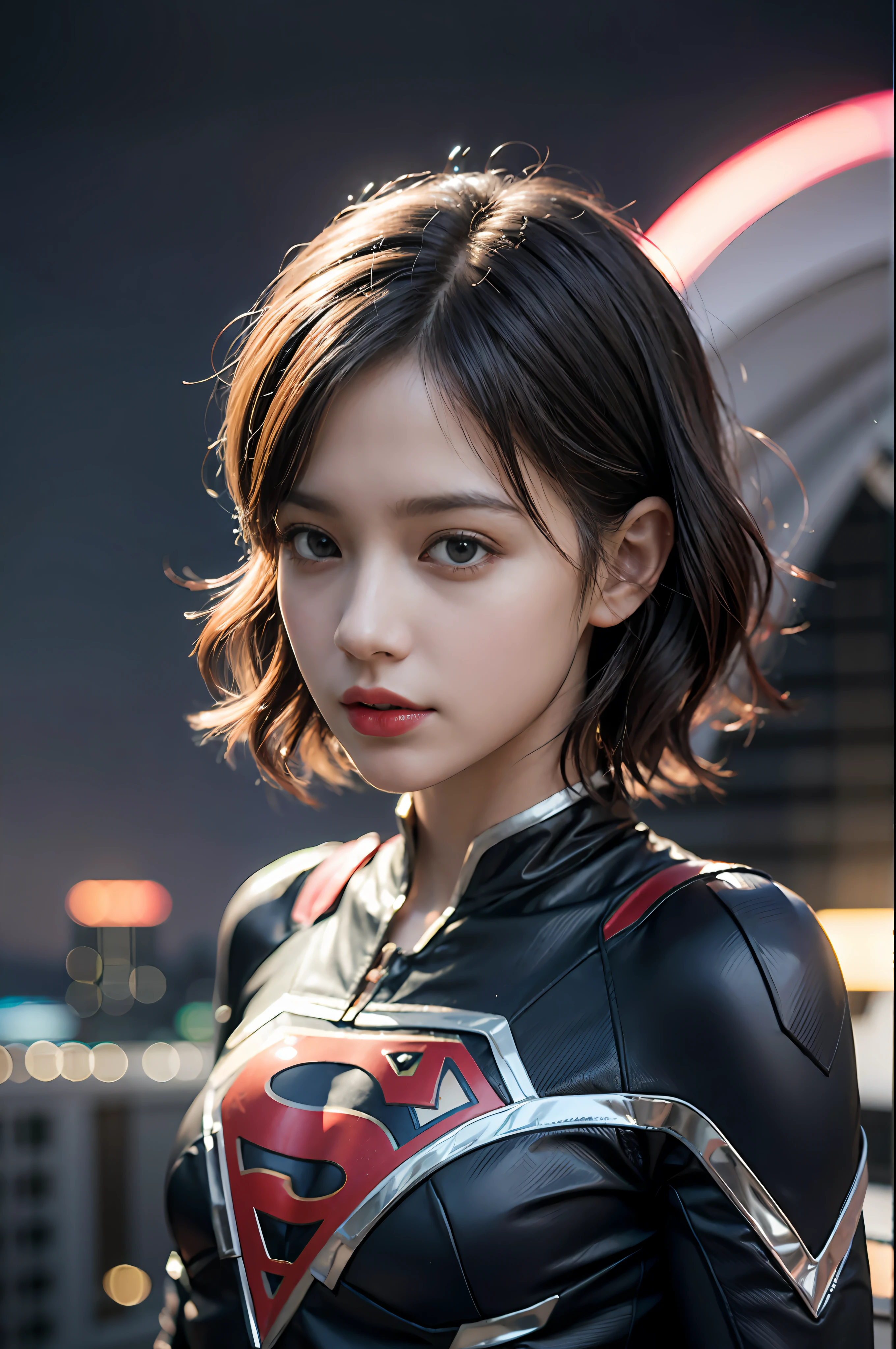 Best Quality, masutepiece, (Photorealistic:2), Ultra High Resolution, Highly detailed, A hyper-realistic, 1girl in, Supergirl Suit, superman logo, Spider-Man pattern,  Colorful、(((very_short_hair))), Short hair, Slim body, Full Shot,  Looking at Viewer, Night, On the roof of a building, Rain, Dark Scene, Dark atmosphere, light neon, myst, cloudy, Lightning, Detailed background
