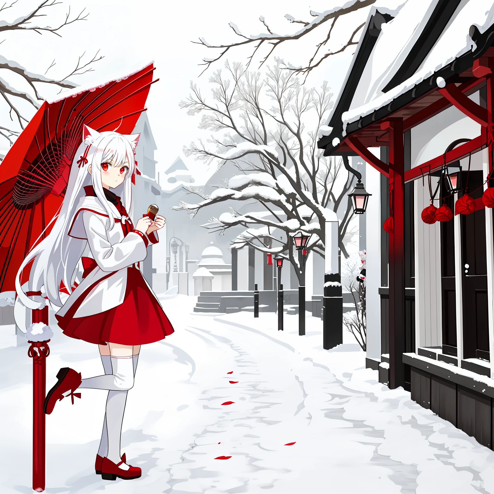 White hair, anime, shoujo, shrine, white cat ears, red witch costume, snow, red umbrella, red eyes, snow, white stockings