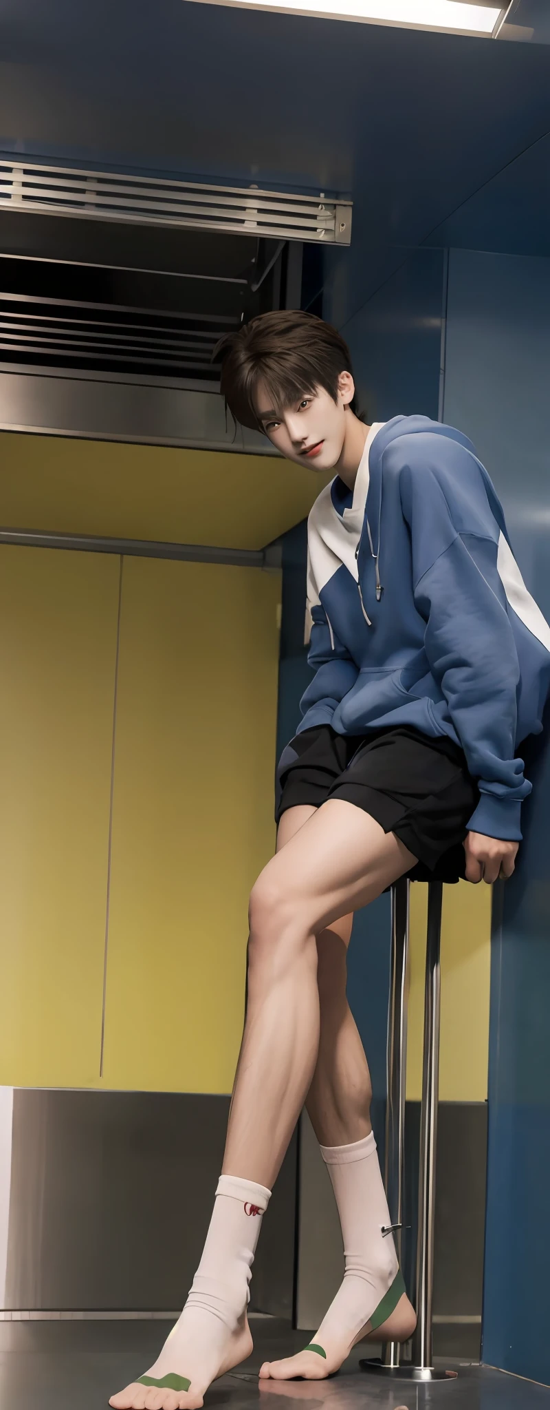 (A lovely Shota:2),(Colored screen:1.2),Solo,(full bodyesbian:3),(Stay away from the lens:3),(Expose your legs and feet),(revealing the whole body:3),(Frontal heads-up view:1.2),malefocus,looking at viewert, old,(Tall:3),(Tall guy:2),Super tall,(Height 300 cm:2),Excellent body proportions,(Slender slender legs:2.5),Slender feet,(small heads),musculous,(Lovely and pretty:2),(The face of an anime man),(Very detailed beautiful face and eyes:2),(Big bright eyes:1.2),Sharp eyeliner,Clear and beautiful face,short detailed hair,(Correct facial features),(tilts your head:1.5),(having fun,grinning smile),(Men's blue sweatshirt:2),Boxer panties,(Pink tube socks:1.2),(Muscle firming:2),Strong,Super strong,(Wide shoulders and narrow waist:2.2),Sports men's socks,Detailed muscle texture,Highlights muscle structure,(In the subway car),(are standing:4),(full length shoot),ultra-realistic realism, (Photorealistic detail), Incredible accuracy, lifelike textures, masterful technique, Jaw-dropping precision, artistic dedication,(anatomy correct),Good lighting,exquisite detailing,Best quality,stunning masterpiece,CG