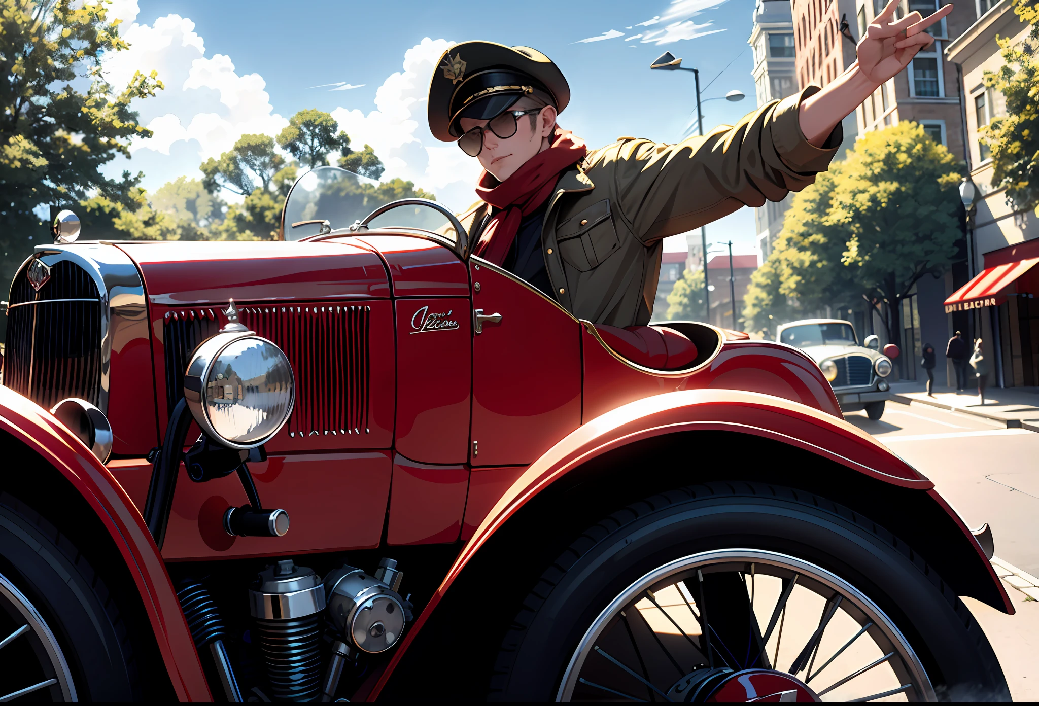 The ultimate high-quality like the photo , 1 european man,  red classic car from the 1920s,  The driver sitting in the cockpit is wearing a leather cap and goggles on top of his eyes. The white muffler wrapped around his neck is fluttering in the wind. The driver is looking at the scenery below and intermittently sees clouds dyed in the morning sun in the sky.’