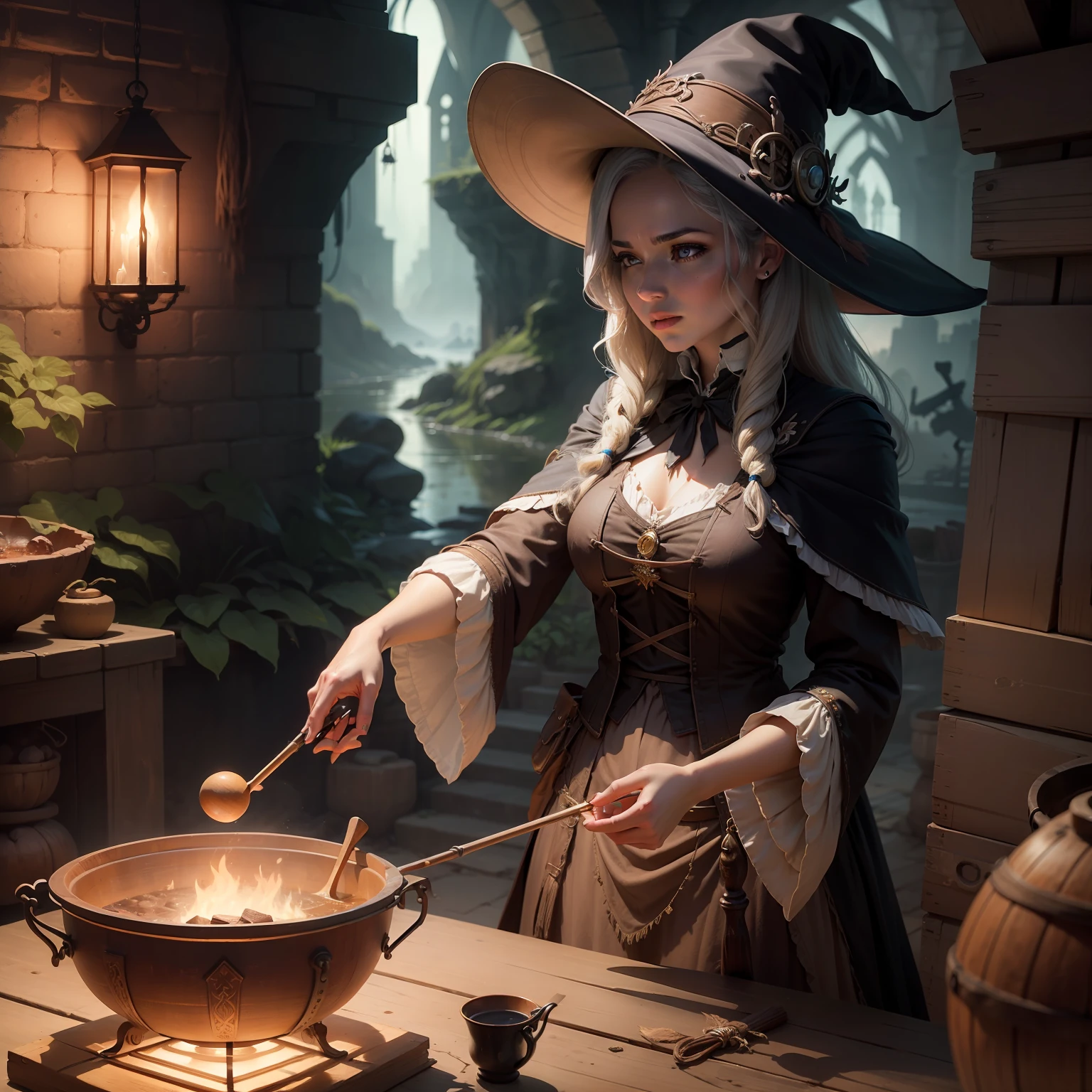 Sorceress fiddling with a witch's cauldron Freight view, em silhueta