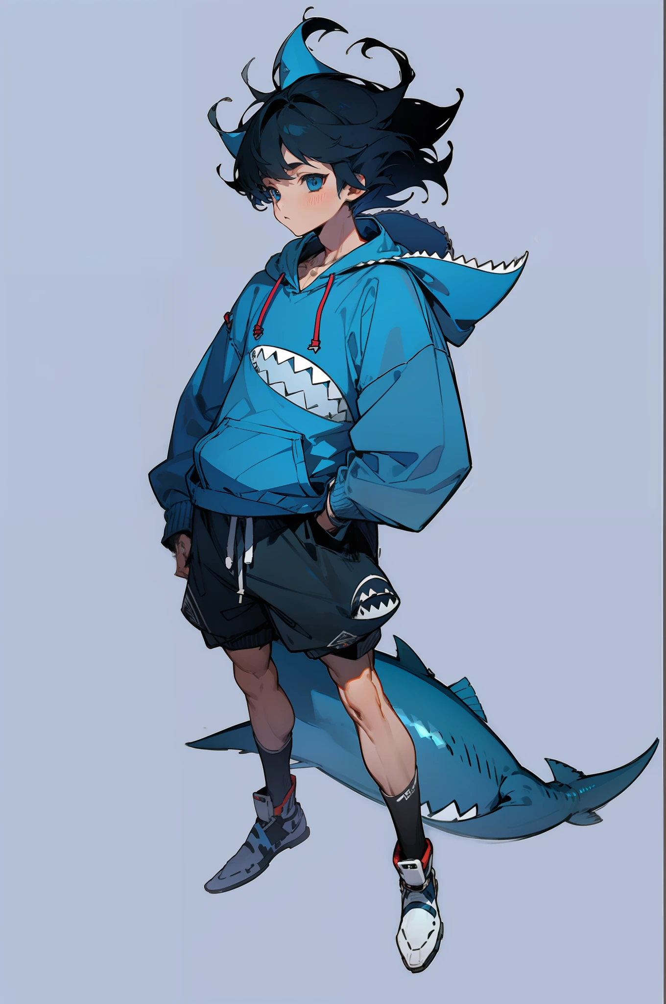 "Soft and cute boy with a shark hoodie, adding intricate details to the hoodie, boy with short back hair."