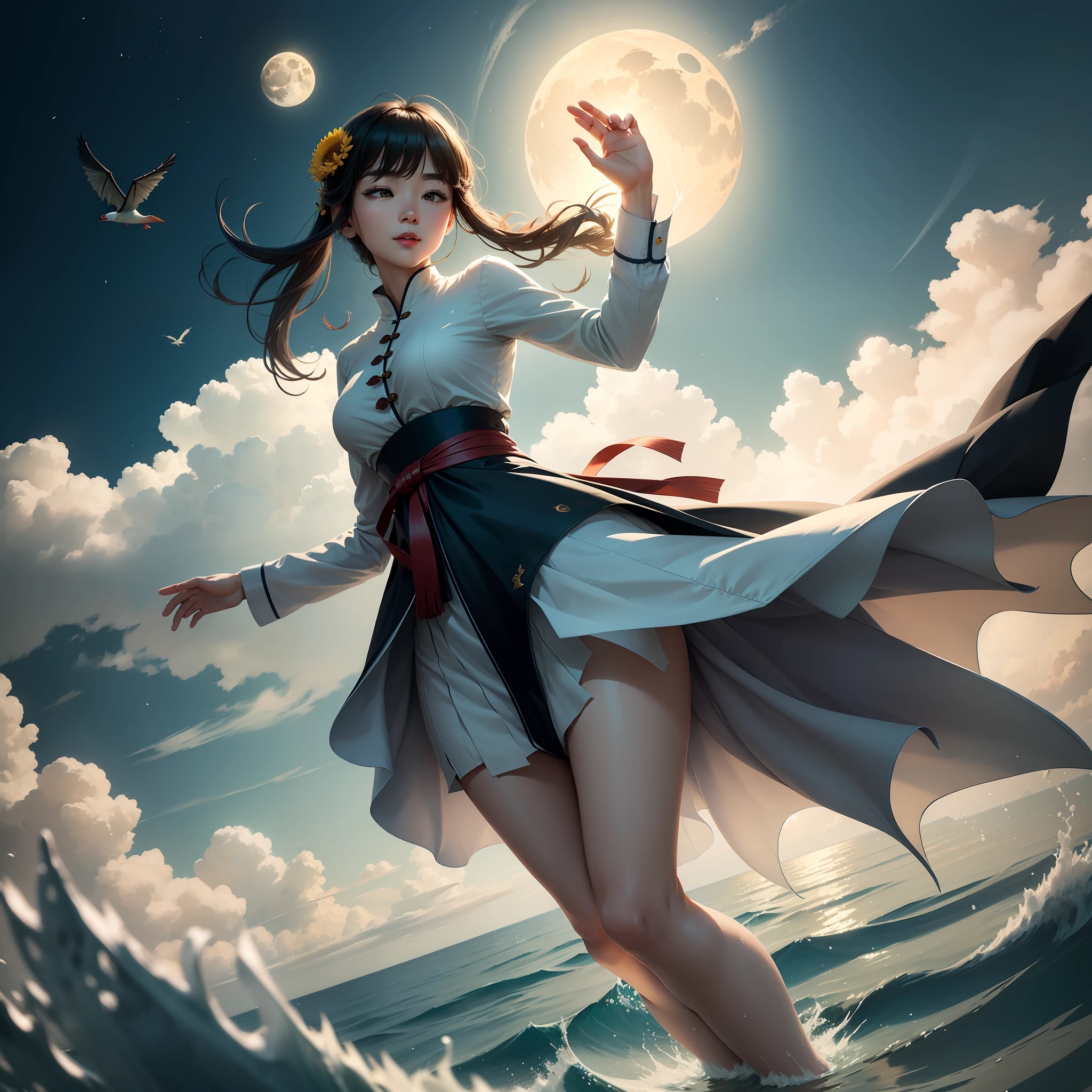 Luoshen,Her figure,A flying wild goose,A gentle swimming dragon。Radiant like a chrysanthemum in autumn,The body is as lush as a green pine in the spring breeze。She faintly appeared like a light cloud and a moon,The floating drift is like a whirlwind and snow。