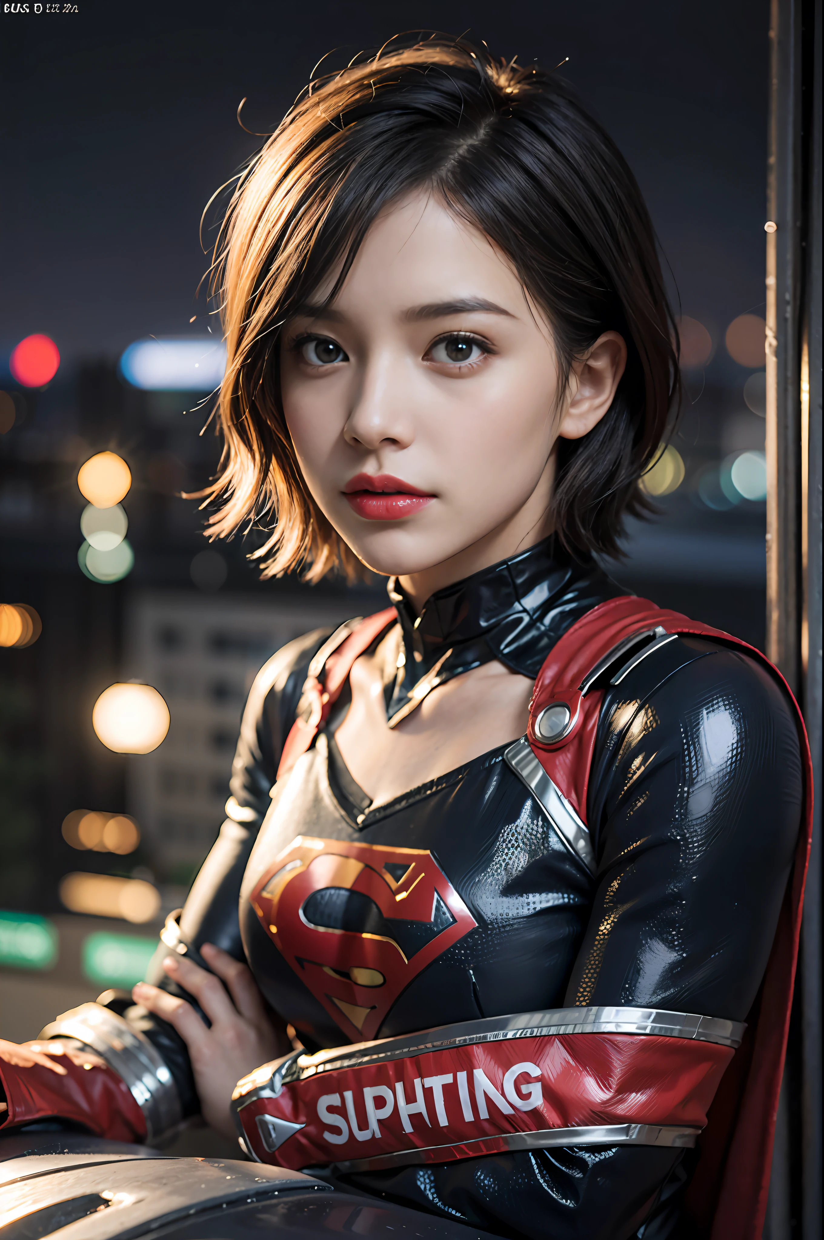 Best Quality, masutepiece, (Photorealistic:2), Ultra High Resolution, Highly detailed, A hyper-realistic, 1girl in, Supergirl Suit, superman logo, Spider-Man pattern,  Colorful、(((very_short_hair))), Short hair, Slim body, Full Shot,  Looking at Viewer, Night, On the roof of a building, Rain, Dark Scene, Dark atmosphere, light neon, myst, cloudy, Lightning, Detailed background