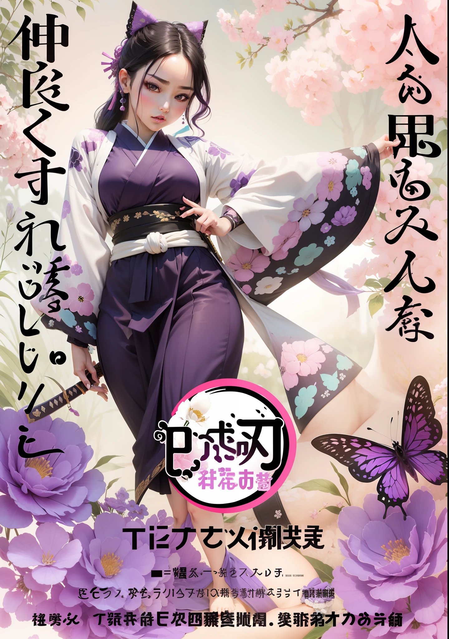 black hair at the ends of her hair is purple, eyeballs are purple, on top of the hair is a green and purple hair tie with a butterfly motif, black and white clothes (d combined with pink and light blue), a beautiful face with experience cute, high quality, ultra realistic, ultra high, ultra detailed, shoulder-length hair, and closed jacket, at the waist there is a katana sword, wearing Japanese traditional clothes