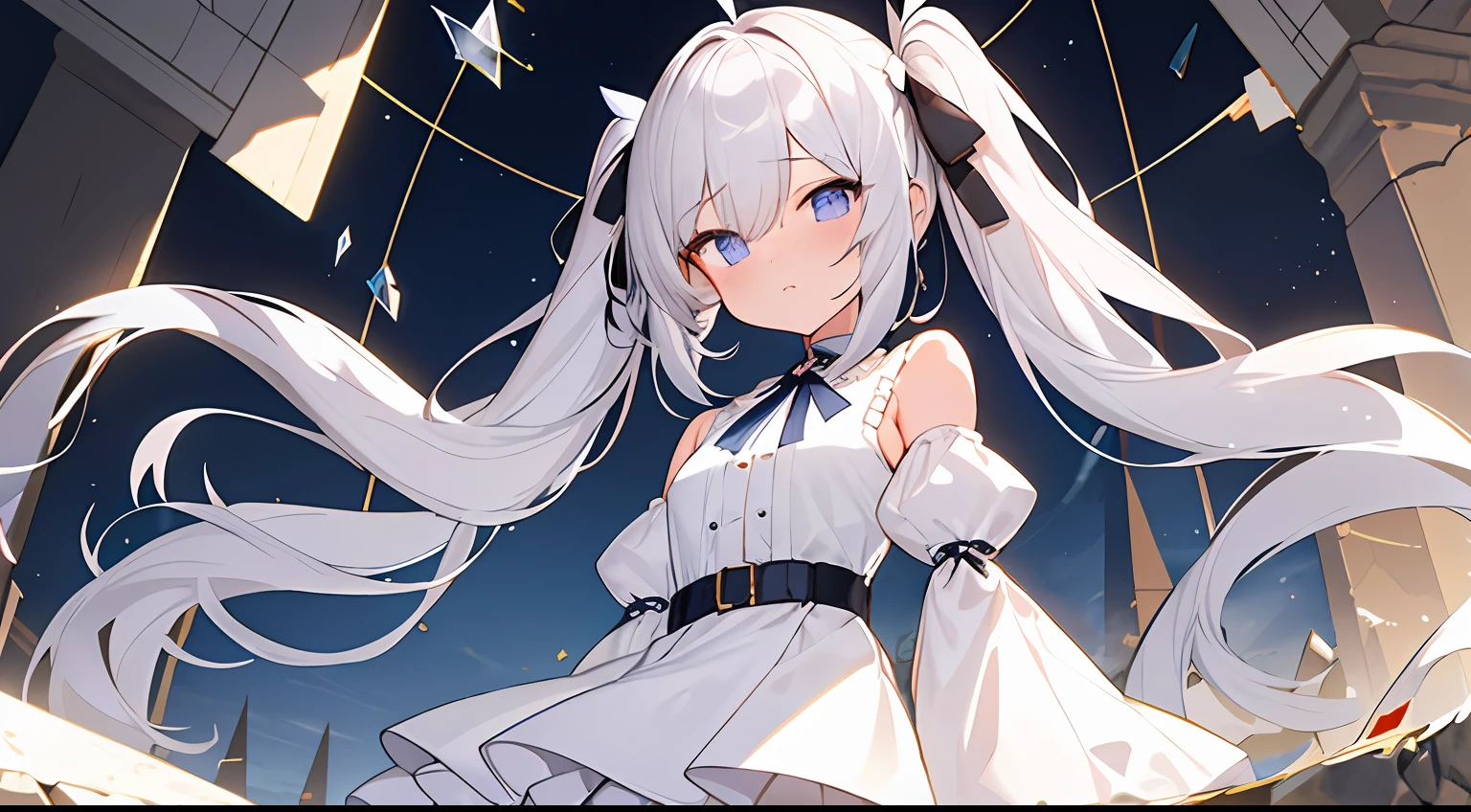 {{{masterpiece}}}, {{best quality,illustration, official art}},{{cinematic lighting,backlighting,frontlighting,shiny,lens flare,bloom efect, clothes reflecting light,light particles}},{{{{broken glass}}}},1girl,twintails,{{{hollow eyes}}}, silver hair,young,flat chest,{{{{monochrome}}}},layerd skirt,frill,ribbon, {{tired hair}},{{wavy hair}},white clothes,buttons,long sleeves, frilled sleevesl sleeves,white ribbon hair ornaments,{{multicolored eyes(blue eyes,purple eyes)}}, white shirts,white skirt, {{empty eyes}}},sitting on floor,pyramid ornaments,circle ornaments, ruins, destruction, breasts ribbon,dramatic shadows,floating hair, asymmetrical legwear,{{{long wavy twintails}}}