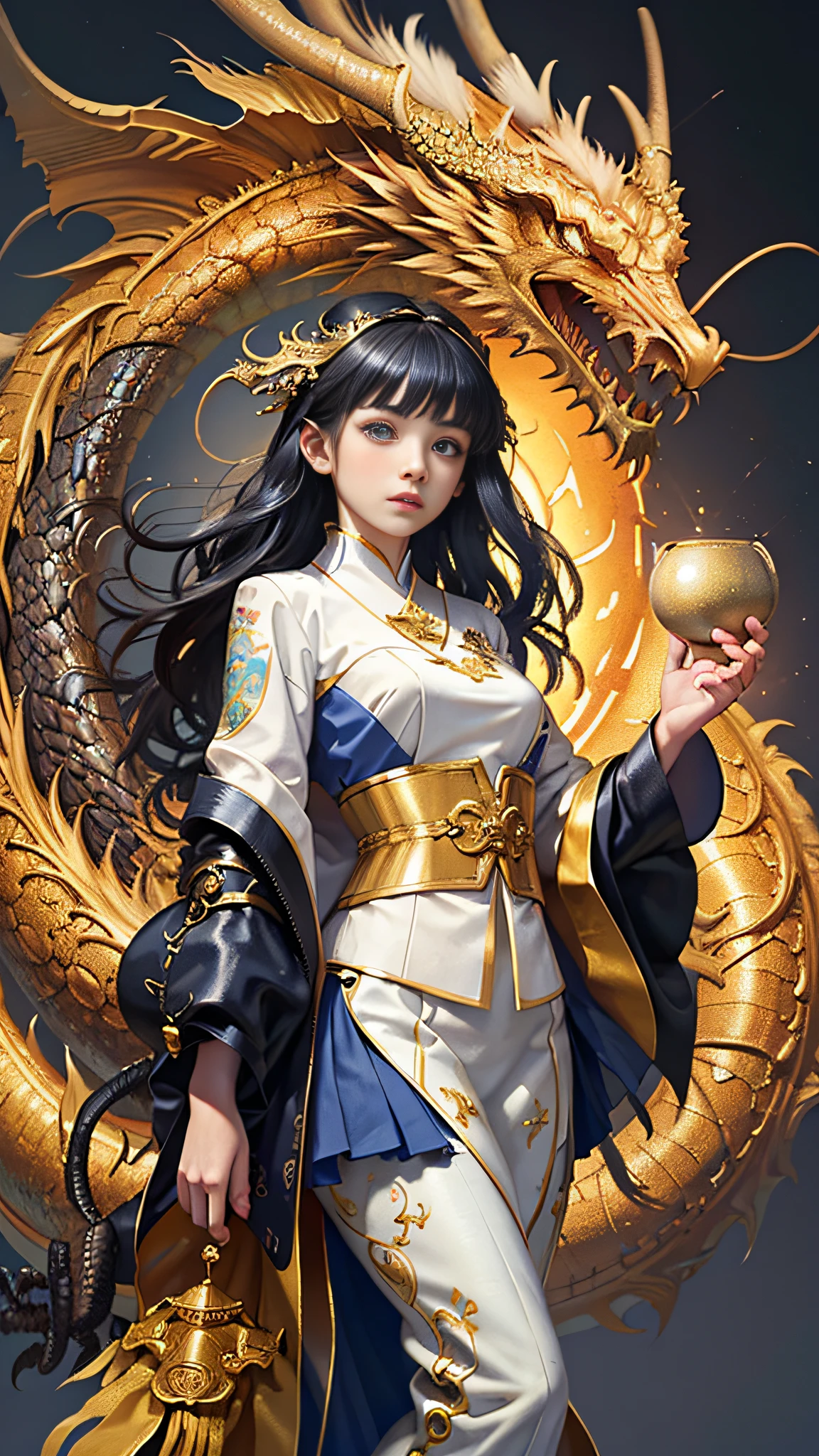 tmasterpiece,best qualtiy,realisticlying,photorealestic,The painting depicts a woman standing next to a dragon,The background is an incomparably vast starry sky,The whole painting uses cute and authentic portraits(styled kawaii realistic portrait),And has dark blue eyes。Long hair fluttering and cute(Cute:2)。The whole painting shows excellent realism and detail(photorreal details),Light and shadow tracking,Rich in detail,Close-up of a woman in Han costume with a dragon,Portrait of a dragon girl,Dragon-inspired cloth robe,asiagirl,Long flowing black hair,Dragon girl,Dragon in the background,Golden dragon,Hanging ornaments,Chinese fantasy