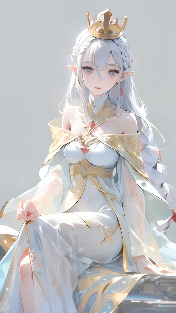 Best quality, highly detailed, masterpiece, ultra detailed, (reality: 1.2), 1 girl, (white background), simple background, delicate eyes, silver hair, purple eyes, hair_ornament, (white off-the-shoulder shirt: 1.3), long hair, pointy_ears, crown_braid, expressionless, straight hair, (++ sitting: 1.2), room,