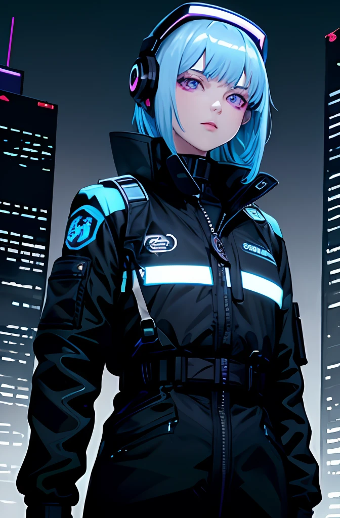 1girl, lady with cybernetic parts, glowing visor, short light blue hair, techwear, oversized black jacket, skyscraper outdoors, neon rim light, night, volumetric lighting, best quality, masterpiece, realistic, (light purple eyes)