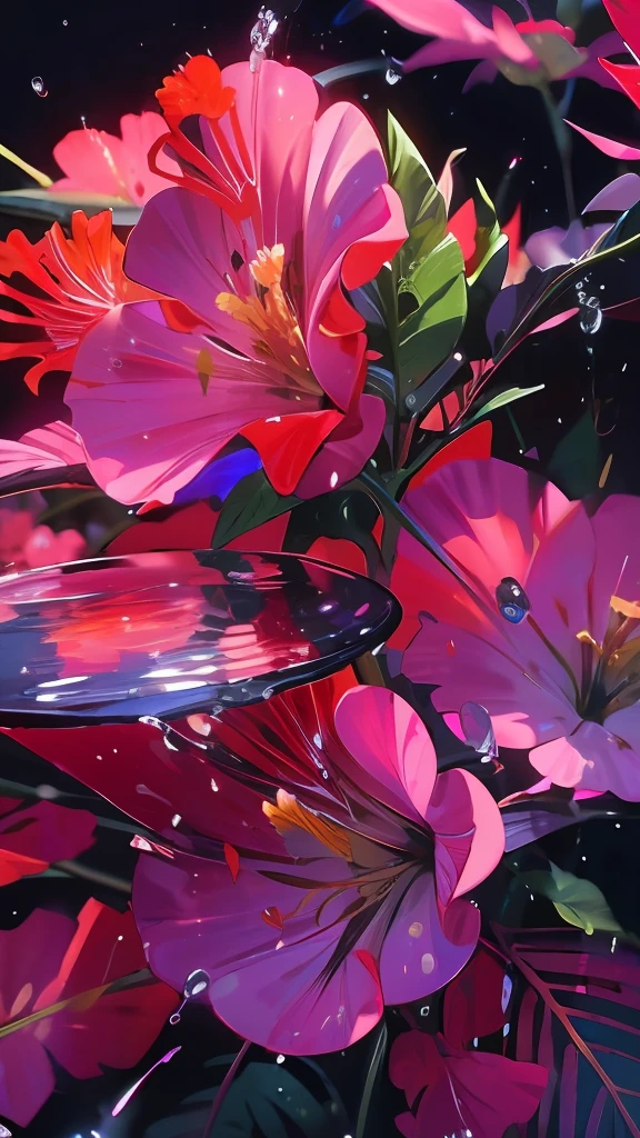 hibiscus Moon with water drops,neon glow, random background, sun rise, bokha mood