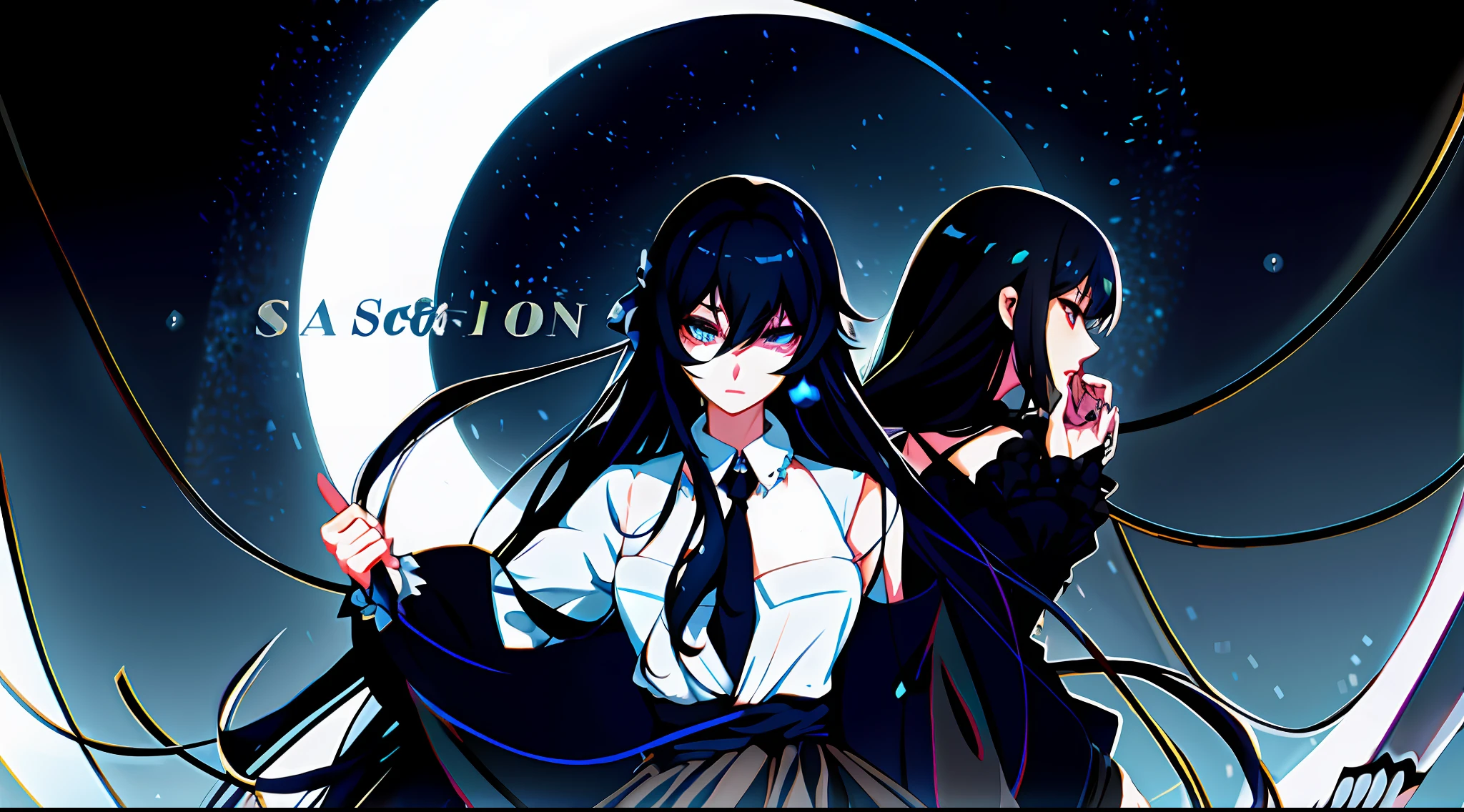 Anime girl with long black hair and blue eyes in black dress, selina, author：Hosomura Kane, mayuri shiina from steins gate, serene illustration, Moon, sona is a slender, with index finger, zerochan art, zerochan, in an anime style, inspired by Jin Homura, In anime style, (Anime girl), official fanart