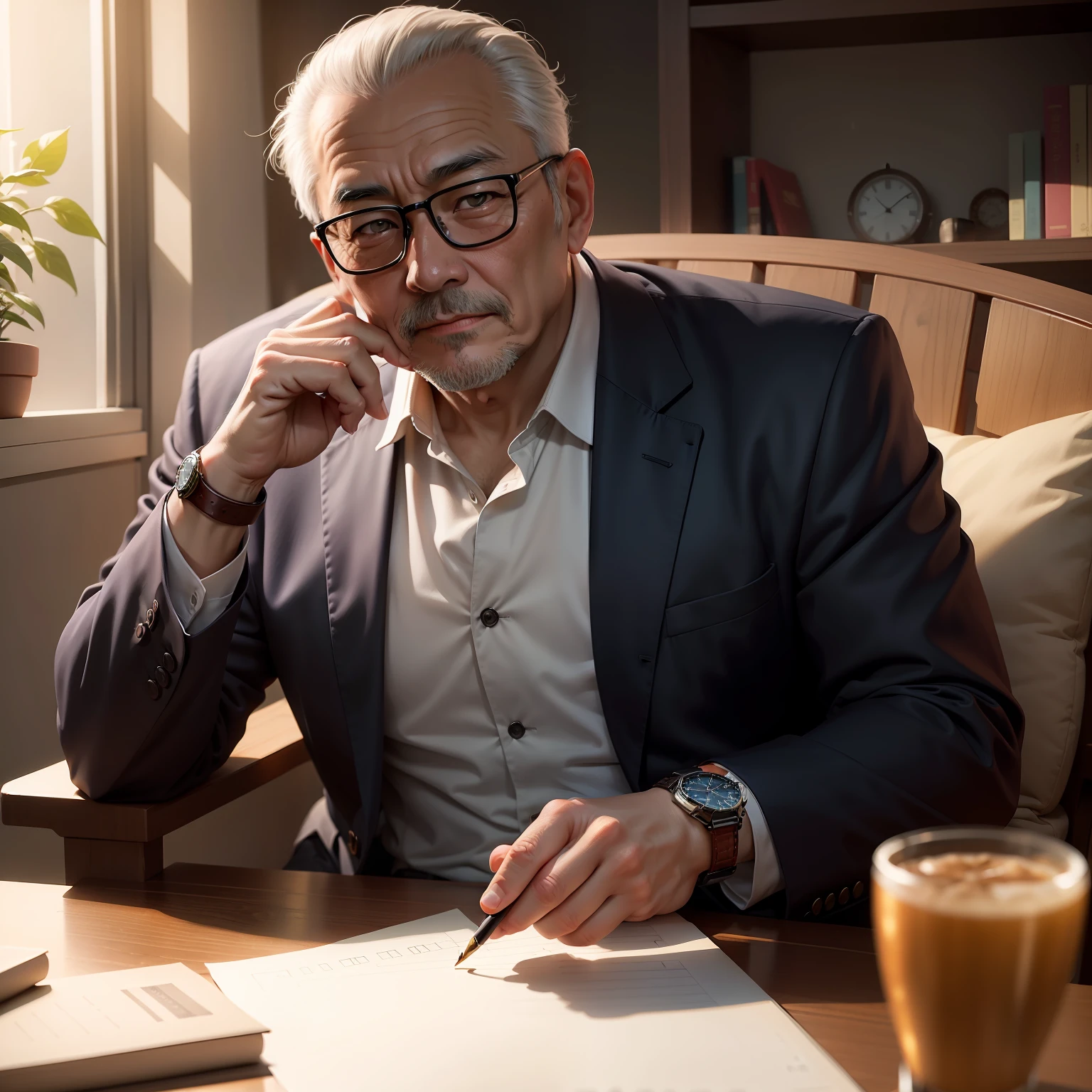 Please help me draw a picture of a middle-aged wise man,wealthy,Bring a watch,Sit Pose,Facing the camera。