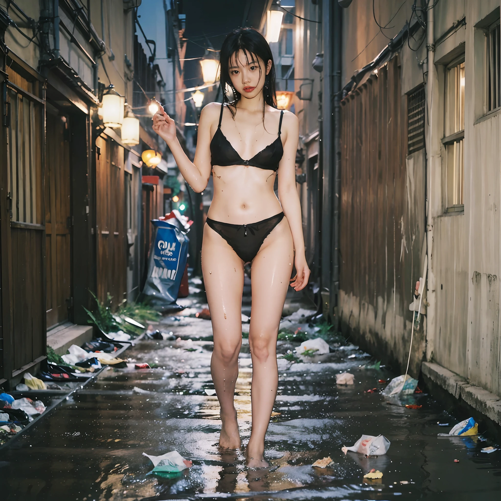 90s flash photo，1girll, Solo,At night,a woman standing in a dim alley flirting，(full bodyesbian:1.5),Wet,Transparent,(sensual lingerie),Bare feet,(nipple:1.5),with a bright night scene in the distanceThe best quality，((Wet ground)),(((The ground is littered with garbage))),((tenten)),sin front of camera, tmasterpiece，RAW photogr，Film photos，