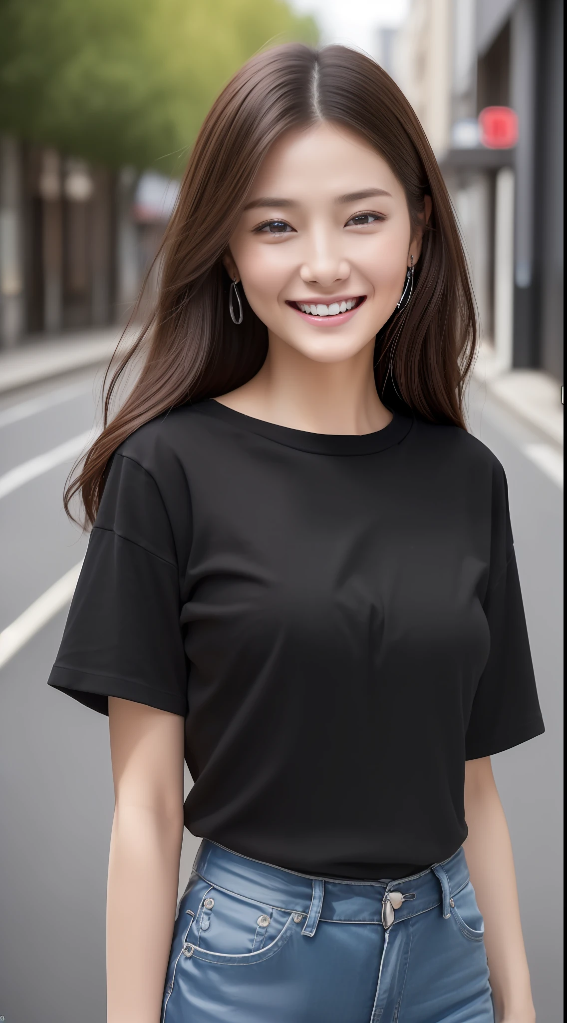 ((top-quality、8K、masterpiece:1.3))、1girl in、Smiling smile、upperbody shot、frontage、Slim Faces、Pretty women、(dark brown hair)、(Plain black T-shirt:1.1)、hyperdetailed face、A detailed eye、二重まぶた、Slim Faces、城市、takeout、a street