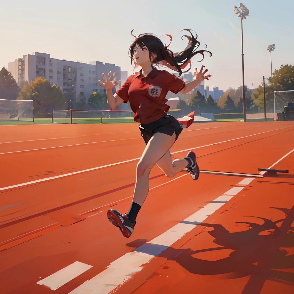 masterpiece、hightquality、vivd colour、(((Long Black Hair)))、(((red gym uniform))、(((Adults)))、(((athletic field)))、(((run)))、(((Spreading hands)))