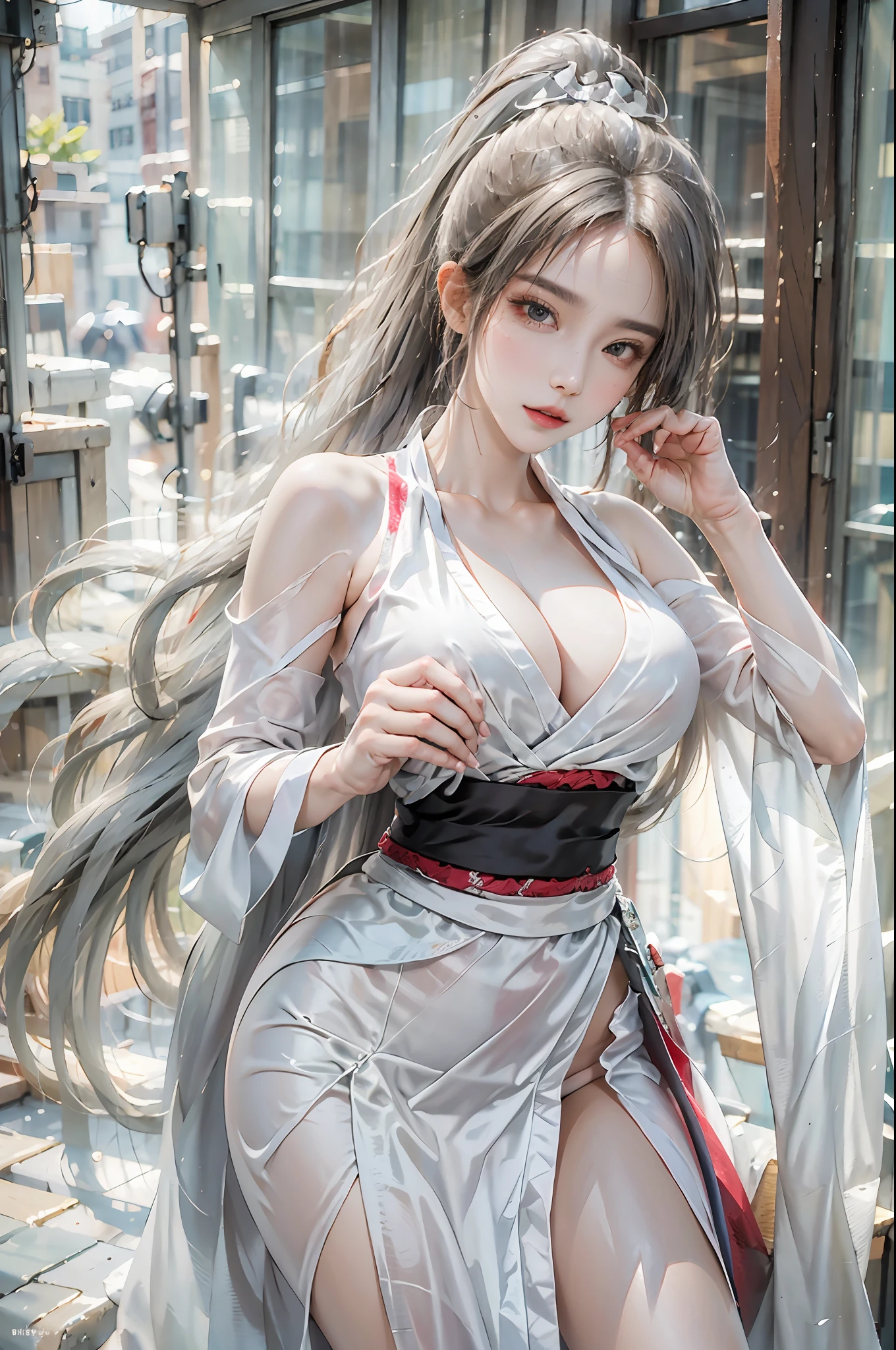 photorealistic, high resolution, 1women, solo, hips up, look at viewer, (detailed face), white hair, long hair, shiranui_mai_suit, pelvic curtain,hand fan, huowu