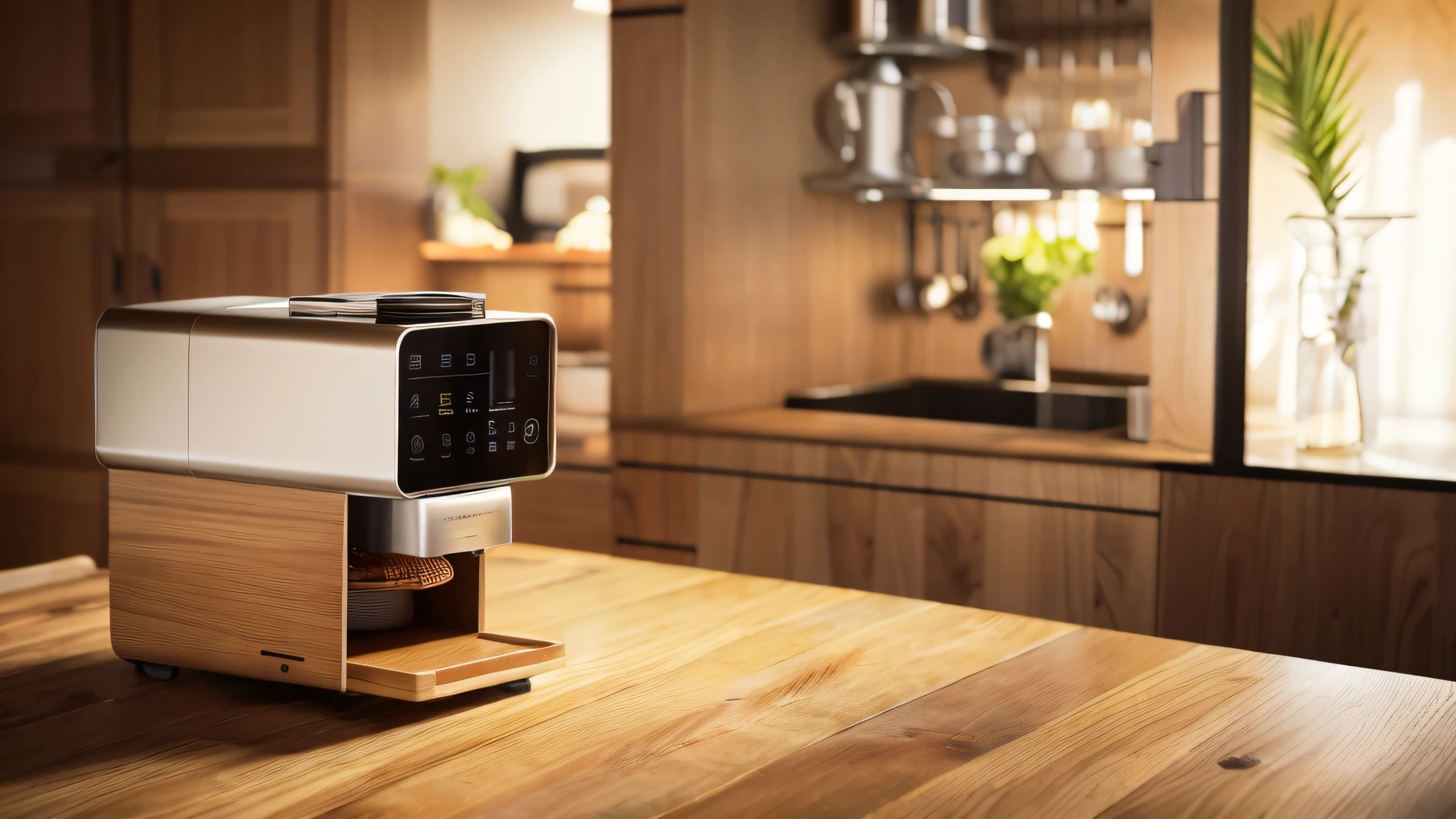 Air fryer placed on the table，There is a table，There were chairs and a bowl of fruit on it，Rectangular wooden table，tuba，wooden tables，dining table，dining table，Wooden table，High quality，wooden tables，elegant and refined，elegant furniture，line sleek，desks，white kitchen table，Chiaroscuro, hyper HD, 8K, Best picture quality ,realisticlying，Foto realism，cupboard，Lens perspective blur，Bright lights，Realistic lighting