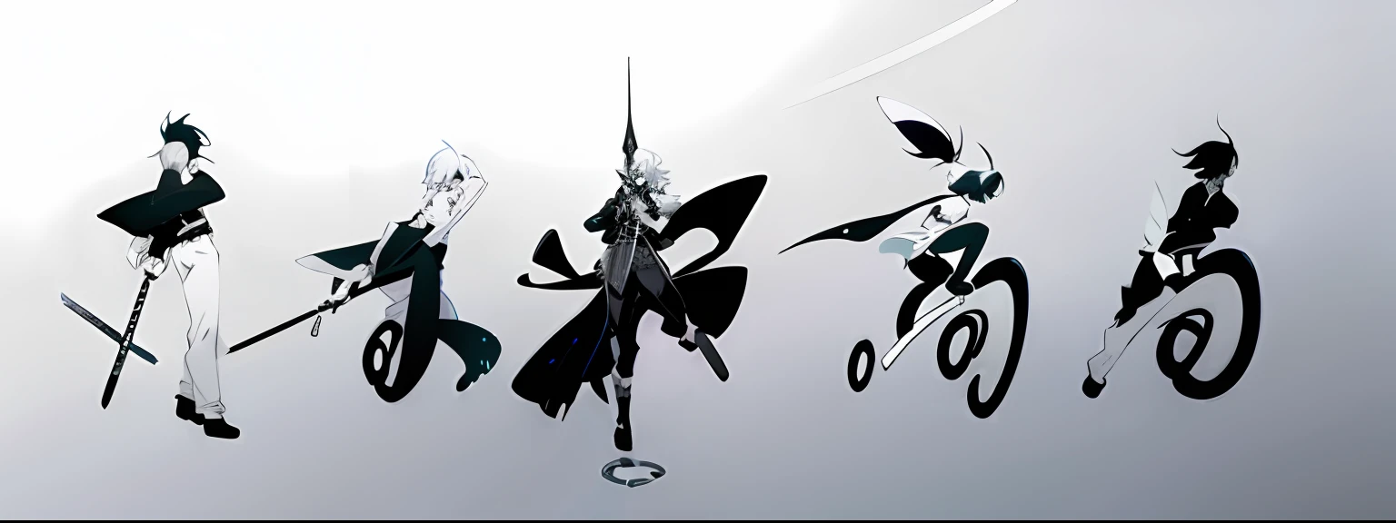 Five swordsmen,Black and white style,water ink,Fairy wind road bone,Artistic sense