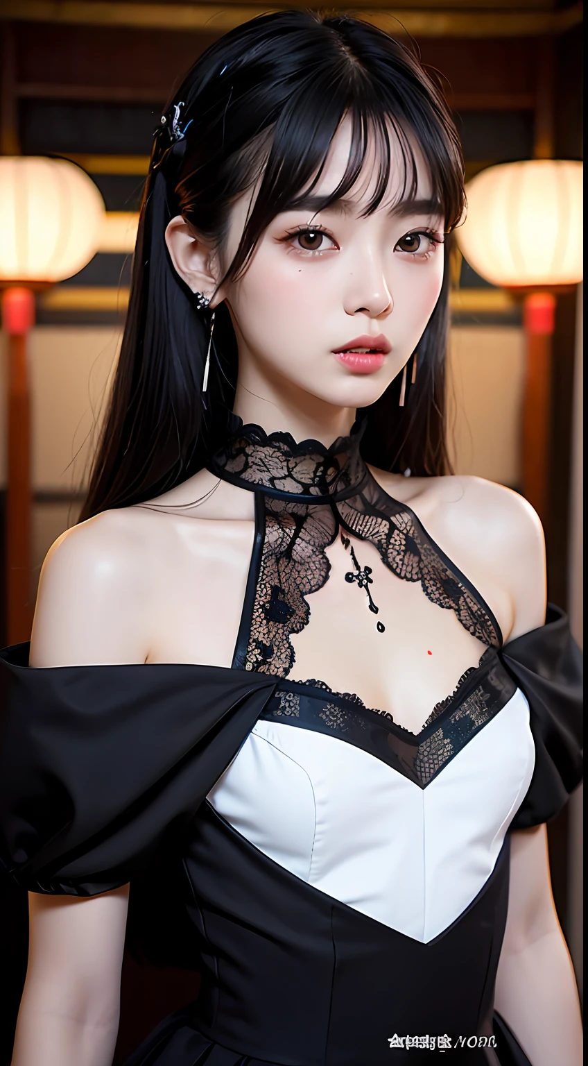 (Gyeongsan:1.5), a closeup, ​masterpiece, top-quality, Raw foto, Photorealsitic, faces, unbelievable Ridiculous, beautiful a girl, cute little, shorth hair, depth of fields, hight resolution, ultra-detailliert, finely detail, ighly detailed, extremely detailed eye and face, Sharp pupils, Realistic pupils, foco nítido, Cinematic lighting,Gothic ta、Menhera、Luxury、thin、breasts are small、1girl, Beautie、Beautuful Women、ren、kawaii、glares、Eyebrows are visible、short bangs、Dripping、colourfull、pop music、Full of piercings、Full of tattoos、Body Paint、Sprinkle paint、chibi,Slender narrow eyes。fine-grained fair skin。Plump cheeks。Long black hair with a smooth sheen。the body shape is slender。smaller face。A small nose with a nasal muscle。Gentle mouth。long lashes。lower eyelashes。