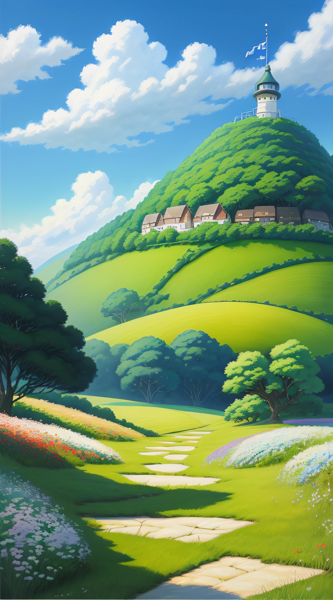 Realistic, authentic, beautiful and amazing landscape oil painting Studio Ghibli Hayao Miyazaki&#39;s petal grassland with blue sky and white clouds --v6