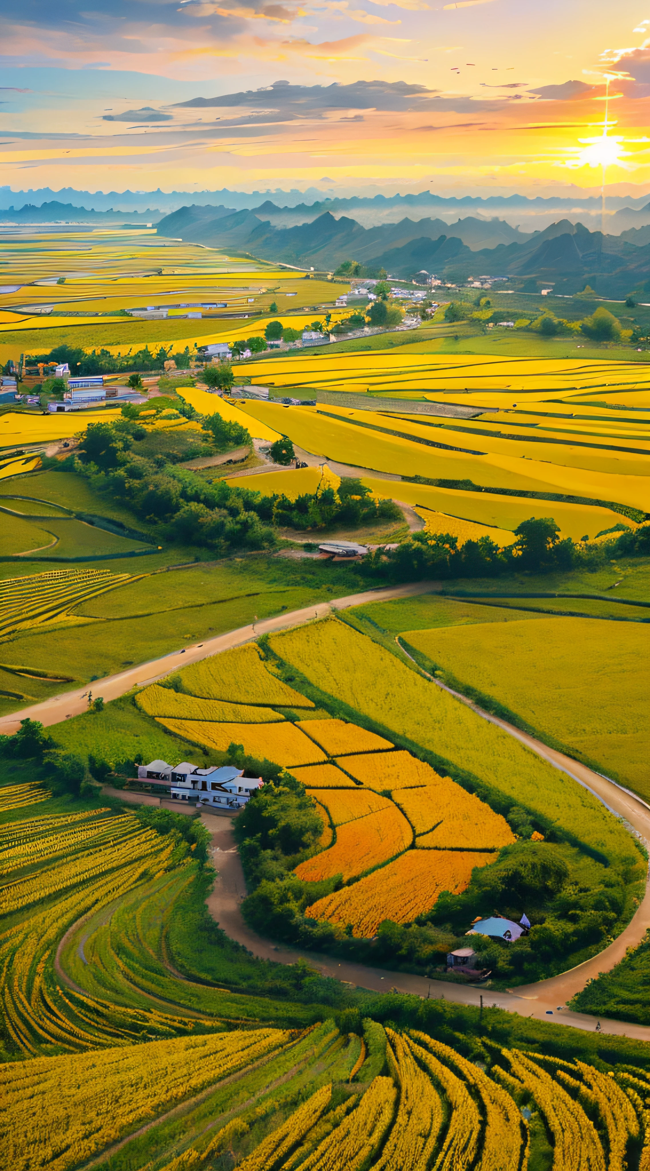 A beautiful photo as the sunrise illuminates golden flower fields in the Red River Delta, including provinces such as Ha Nam, Hung Yen, Bac Ninh, Hanoi, and surrounding provinces.