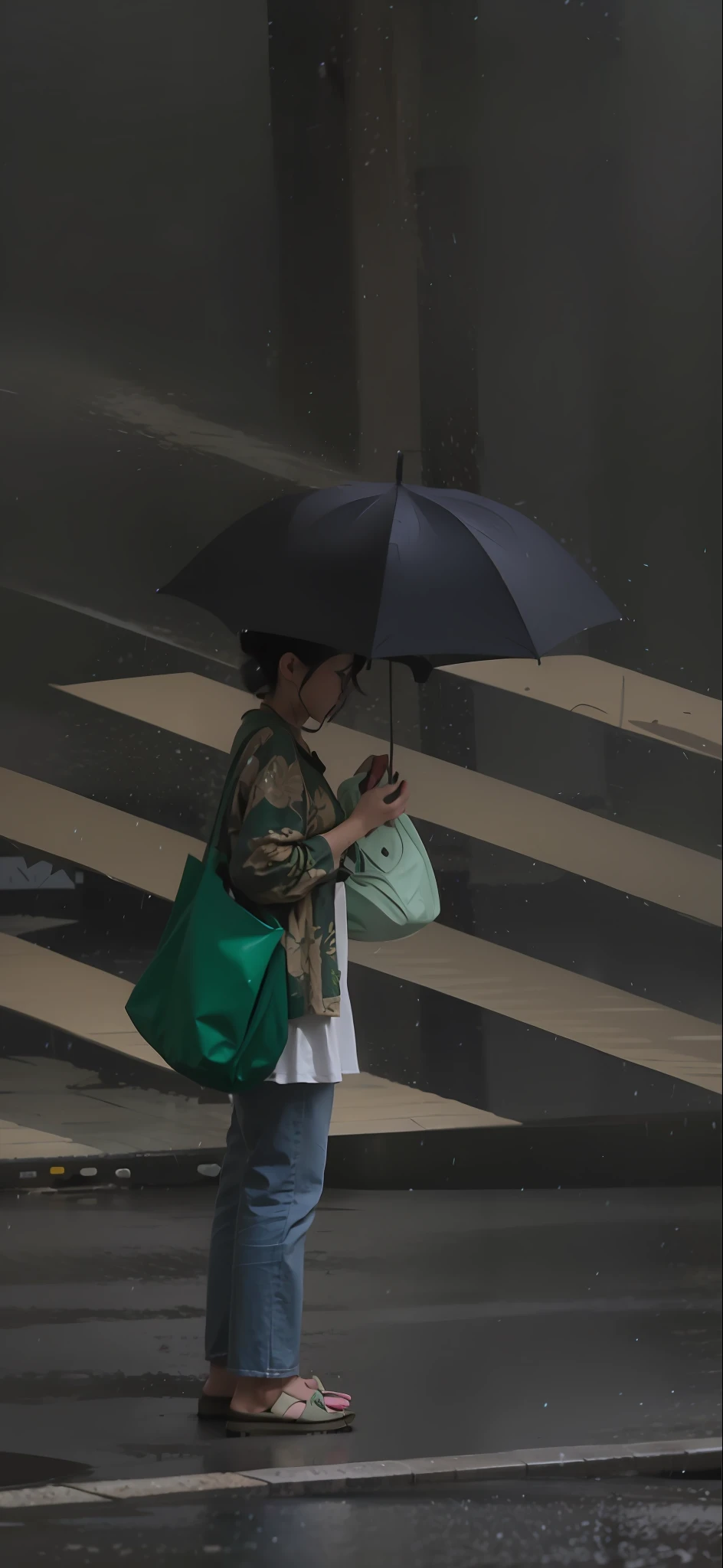 Woman with green bag and umbrella standing in the street in the rain, hard rain pouring straight down, very heavy rain, Heavy rain is coming, under rain, Rainy weather, it is raining heavily, checking her phone, Rain and thick mucus, very heavy rain, [ Realistic photo ]!!, smoking a cigarette in the rain, In the rain, holding a umbrella