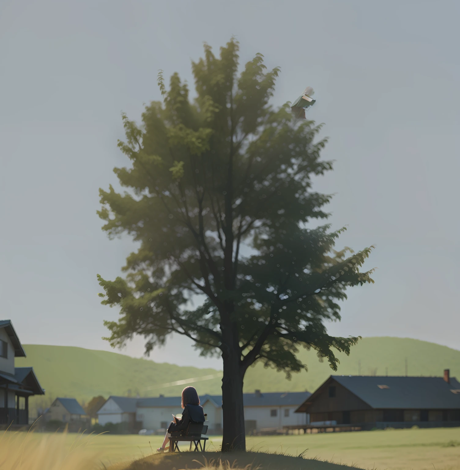 Girl sitting under a tree looking at a book