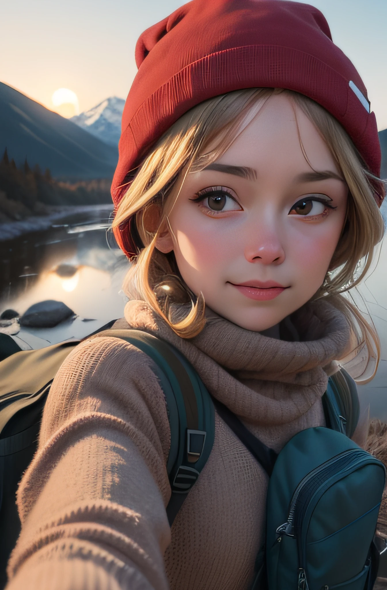 1 woman ((upper body selfie, happy)), masterpiece, best quality, ultra-detailed, solo, outdoors, (night), mountains, nature, (stars, moon) cheerful, happy, backpack, sleeping bag, camping stove, water bottle, mountain boots, gloves, sweater, hat, flashlight, forest, rocks, river, wood, smoke, shadows, contrast, clear sky, analog style (look at viewer:1.2) (skin texture) (film grain:1.3), (warm hue, warm tone:1.2), close up, cinematic light, sidelighting, ultra high res, best shadow, RAW, upper body, wearing pullover