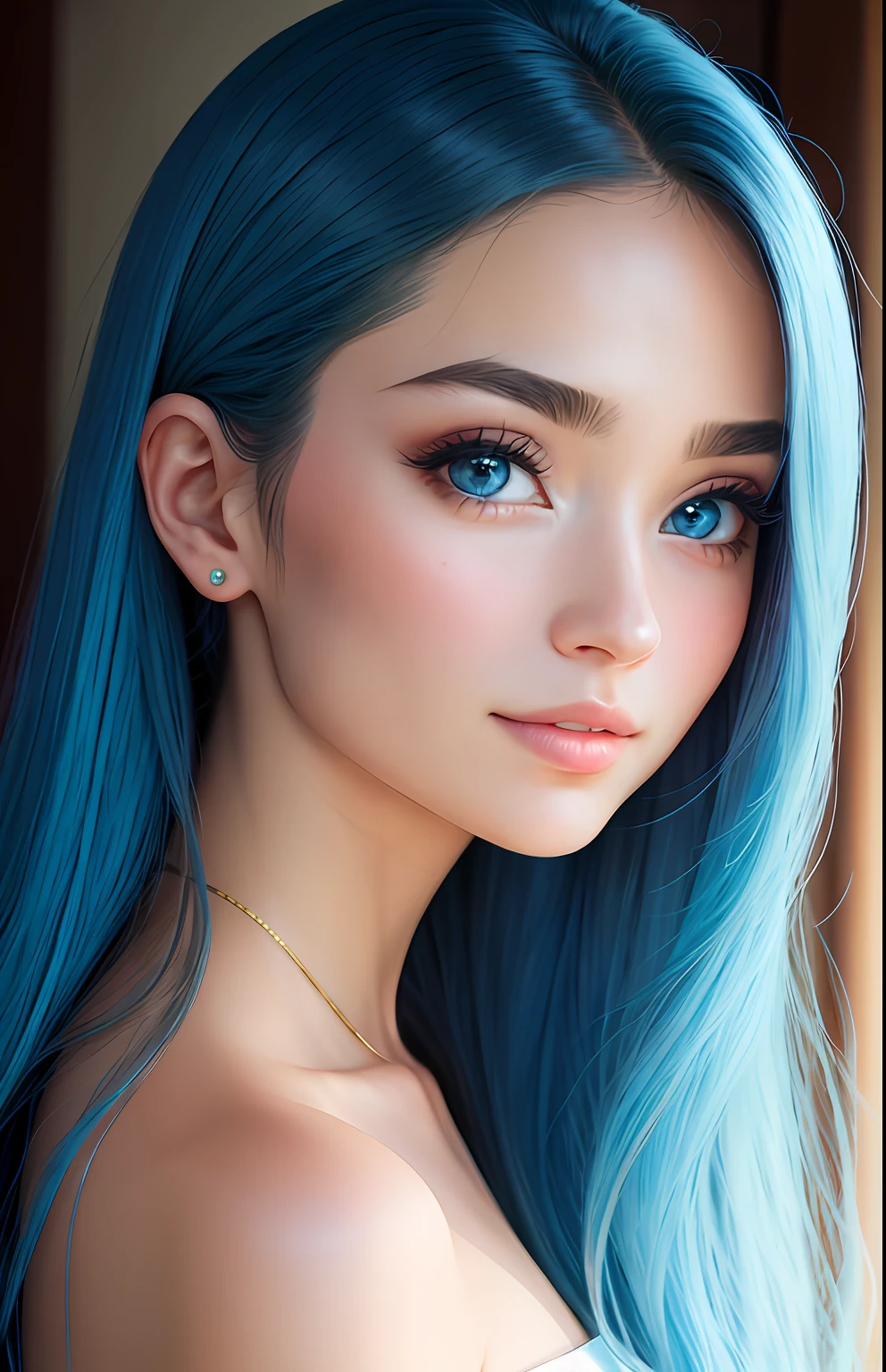 animesque、portraitures、One Person１５Pretty Woman、Moisturized eyes、Casual clothing、a picture、oval jaw、beautiful countenance、The hair、poneyTail、Blue eyes with a beautiful glow、LDS Art