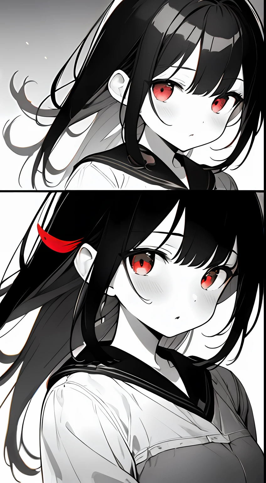 monochrome color, Red Art, grayscales、​masterpiece、top-quality、Top image quality、straight haired、Hanging eyes、kawaii、A dark-haired、red eyes、校服、the wind、