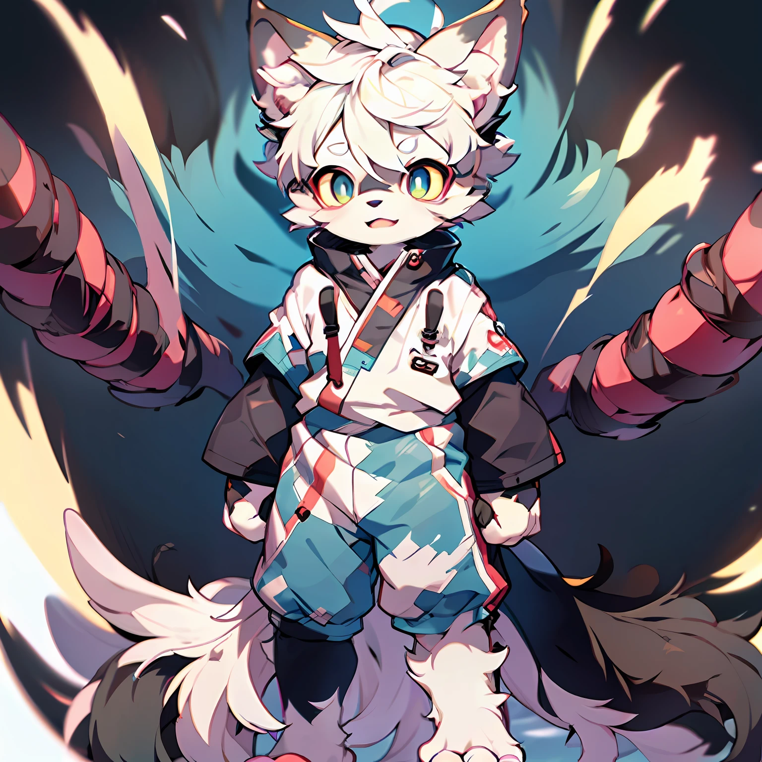 Furry Dogs Forelimb Hands Hindlimb Legs and Feet Standing Shota Little Boy Overall White Head, Arms, Body and Legs with Blue-Black Pattern All Body with Pink Meat Pads Eyes and Pupils Blue Furry No Clothing Both Ears Very Shive