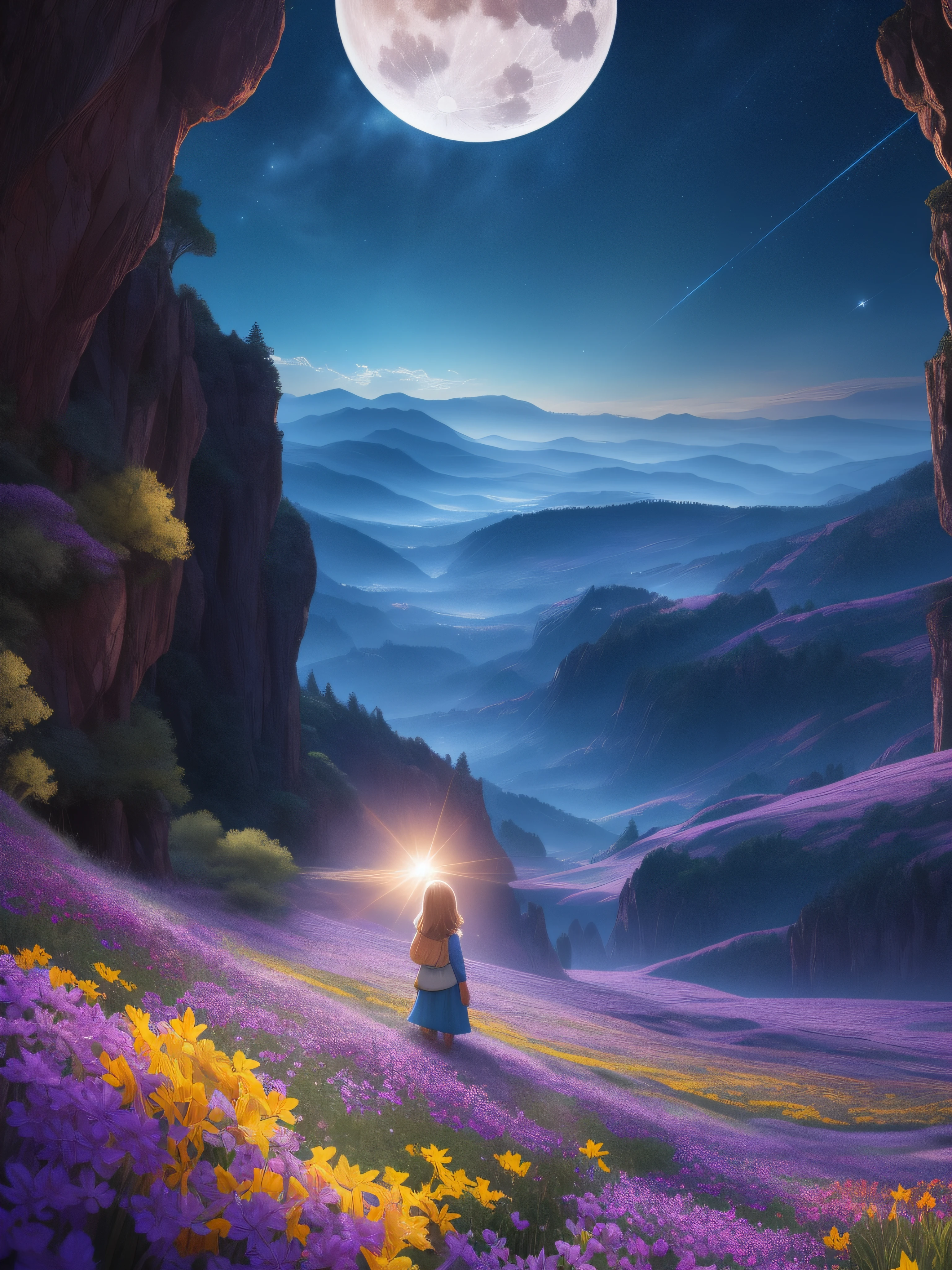 Expansive landscape photograph, (view from below with a view of the sky and the wilderness below), little girl standing in a flower field looking up, (full moon: 1.2), (shooting star: 0.9), (nebula: 1.3), distant mountain, tree break production art, (warm light source: 1.2), (firefly: 1.2), lamp, purple and orange, intricate detail, volume lighting BREAK (masterpiece: 1.2), (highest quality ), 4k, ultra-detailed, (dynamic configuration: 1.4), highly detailed and colorful details (iridescent: 1.2), (sparkling lighting, atmospheric lighting), dreamy, magical, (solo: 1.2)