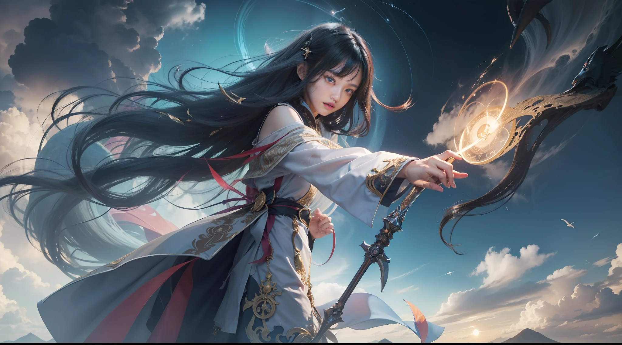 Above the rising clouds,Night, Dark, (Fantasy),infinite,deep blue sky,The abyss of knowledge,Cowledge,((masutepiece)), (((Best Quality))),((Beautiful fine eyes)),(Eye lashes)、Realistic clouds、Very beautiful face、The ultra -The high-definition、Beautiful girl and giant protecting her、(1人、One Giant Man)、Black hair、The long-haired、abyss eyes、glowy skin、oils、small tits、Perfect human body structure、Wizard robes、tattered cloth、Realistic coat、Tee、Super delicate CG Unity 32k wallpaper、photoRealstic、masterpiece, ((ultra-detailliert)), ((illustratio)),colourfull,wall-paper,The energy,Unknown terror,Incomprehensible,Around the magic,Magical surroundings,magic wands,Boken,Flying pages,Know everything,Predict the future、Get to know the past、Infinite wisdom、blue flames、Warlock、magic circles、Pentagram、Spells、mantra、Singing magic