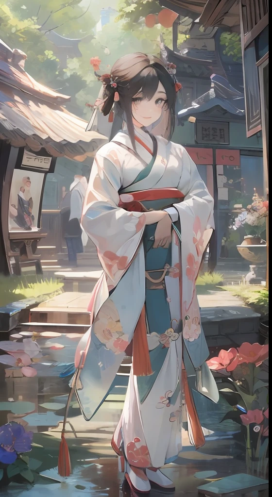 (masterpiece),best quality,good anatomy, shuimobysim,(1 girl:1), (upper body),(smile),short hair,(hanfu),(ecchi0.5), (trees:0.5), (flowers:0.6) ,(wooden house:0.2),(bamboo forest:0.2),(creek:0.2),(river:0.2),