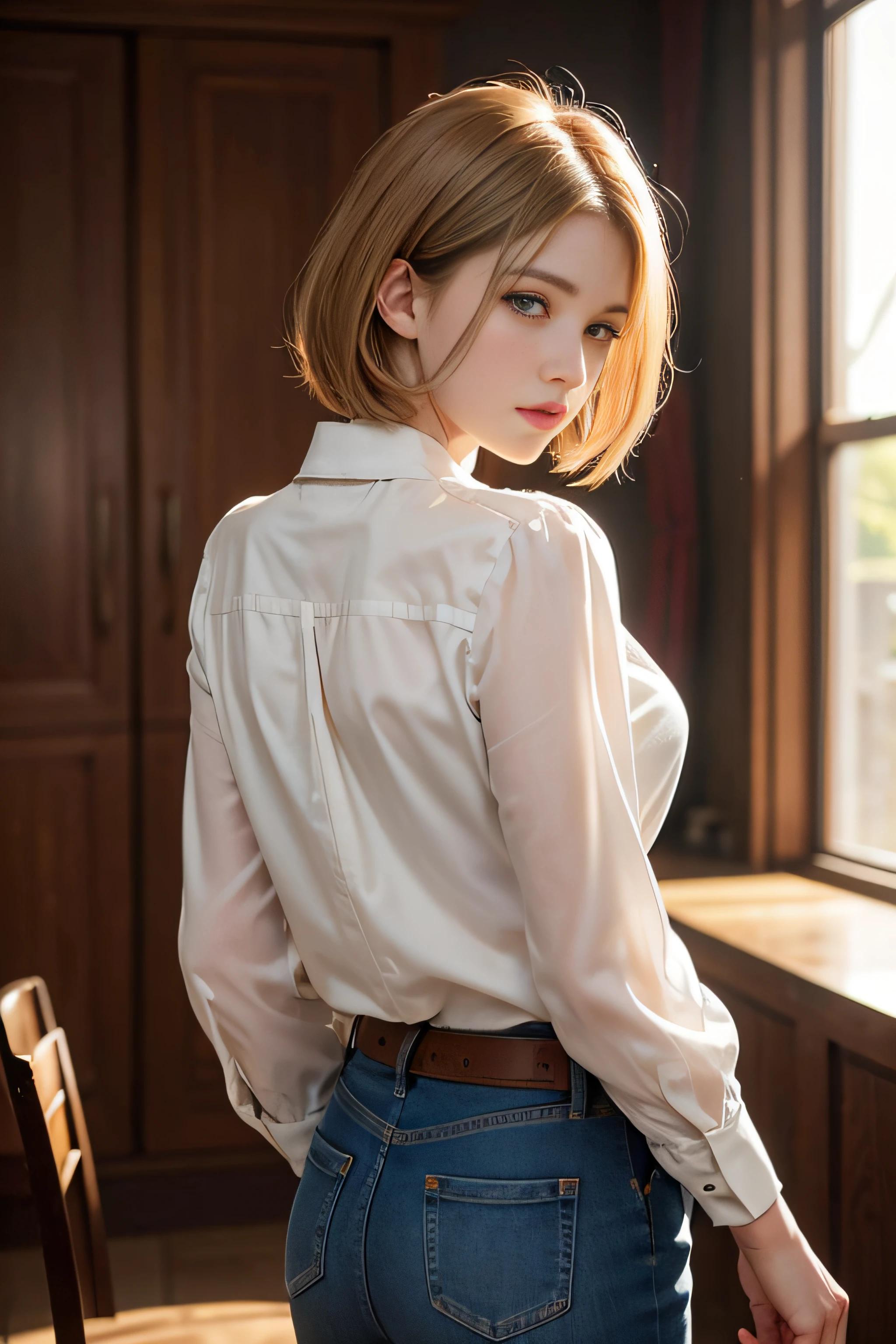 a woman standing in a room with chairs and tables in it, wearing a white blouse and jeans, natural skin texture, 4k textures, soft cinematic light, intricate details, elegant, highly detailed, sharp focus, soothing tones, exposure blend, hdr, faded, hyperdetailed, backlighting, 85mm, close-up, best quality, (photorealistic:1.2), (cinematic look), blonde, green eyes, bob hair, 1girl, glowing skin, blush, upturned eyes, cleavage, A Look into the Distance