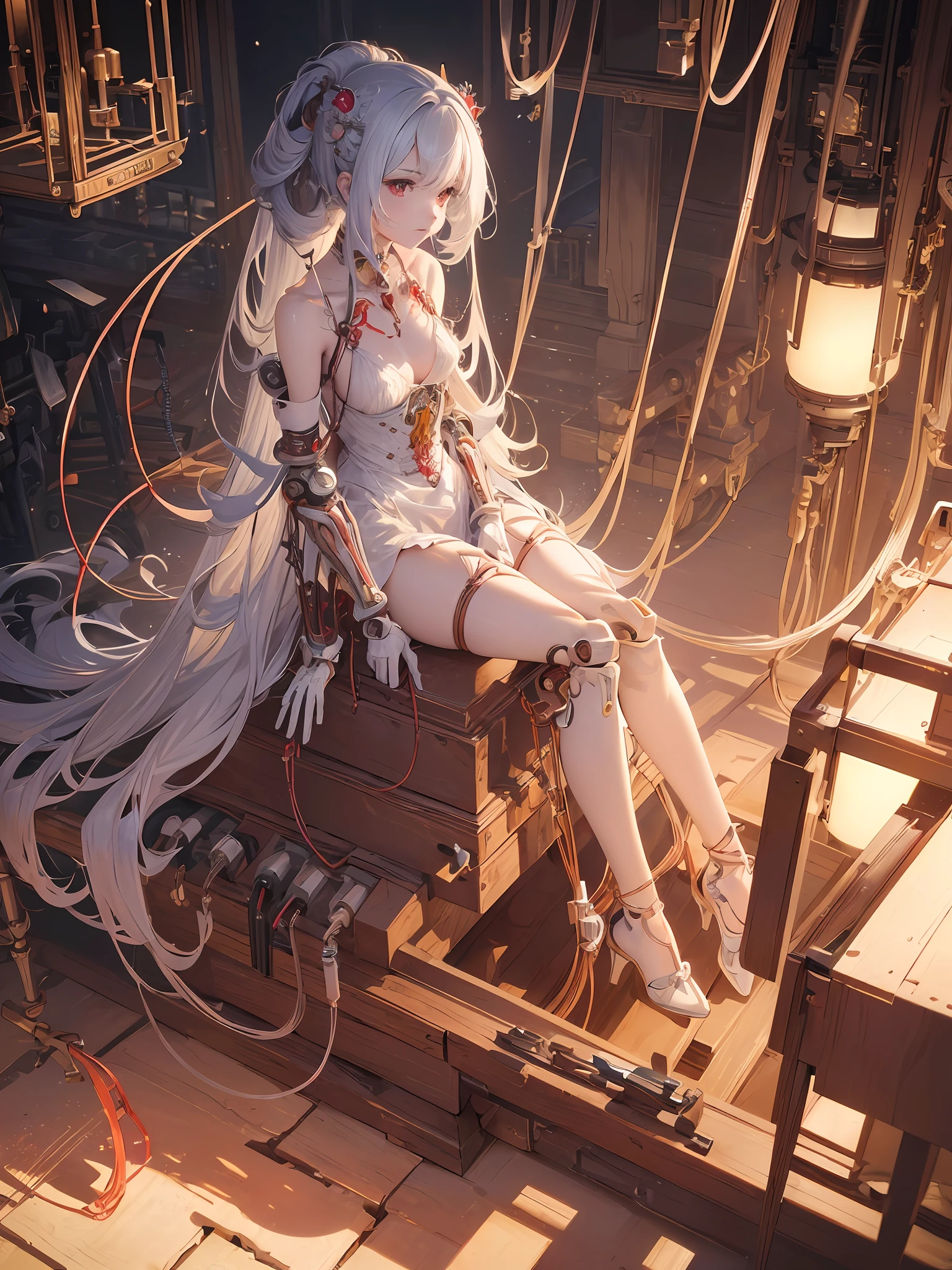 (Masterpiece, Top Quality, Best Quality, Official Art, Beautiful Indulgence: 1.2), (1 Girl: 1.3), Very Detailed, Colorful, Supreme Detail ((Ultra Detailed)), (Highly Detailed CG Illustration), ((From (Very Delicate and Beautiful)), (From Before), Cinematic Light, (1 Mechanical Girl)), Solo, Full Body, (Mechanical Joints: 1.2), ((Mechanical limbs)), (Blood vessels connected to tubes), ( Mechanical vertebrae attached to the back), ((Mechanical cervical vertebrae attached to the neck)), (sitting), expressionless, (wires and cables attached to the neck: 1.2), (Wires and cables attached to the neck: 1.2), (Character focus), science fiction, white background, (Blood: 1.5)