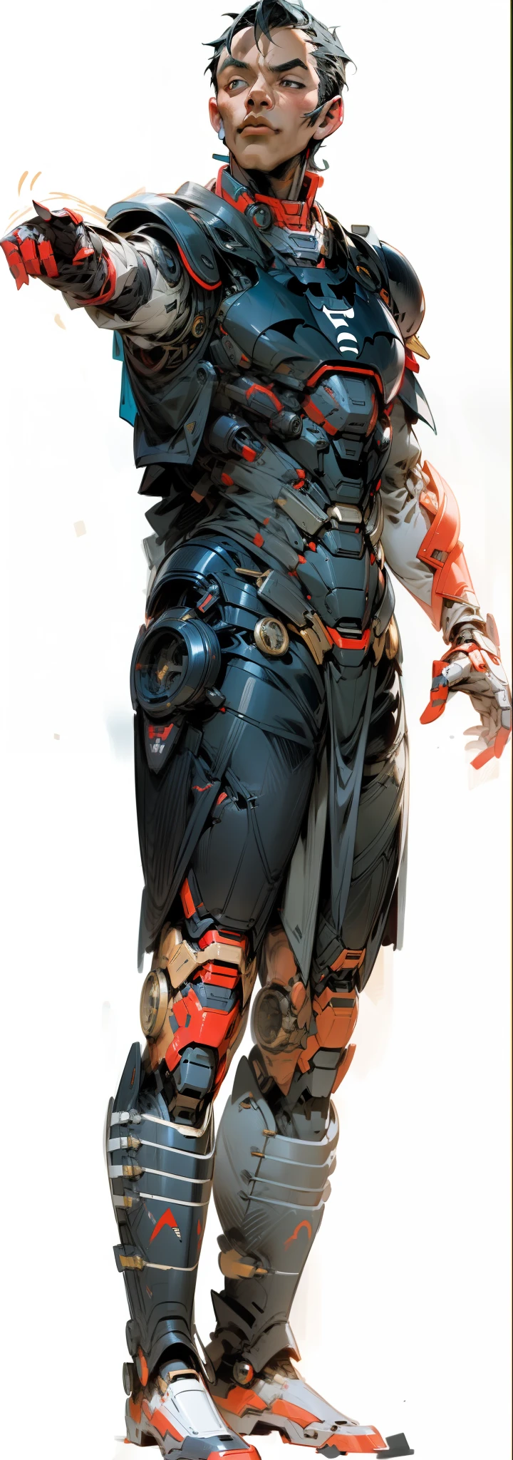 Draw the characters in the picture as superheroes，Change your character's outfit，Makes it similar to the armor of the Moonlight Knight Batman，Red and black clothing，Only red and black！！！The entire fuselage was replaced by a conjoined mech，The body is male