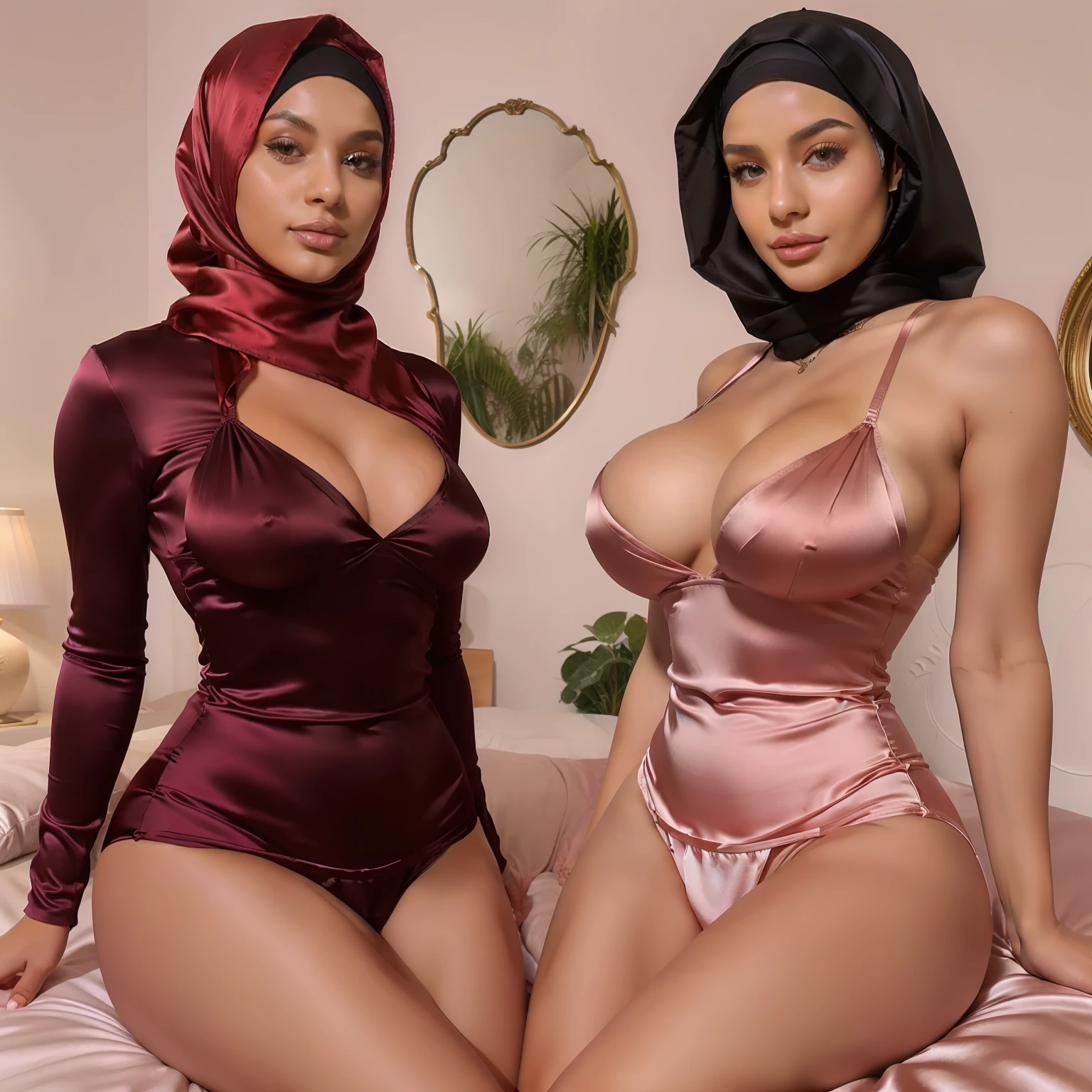 Multiple women, , stunning curves, hijab, tight silk dress, panties, tight dress, silk, bedroom, super realistic, gradient lighting, big breasts