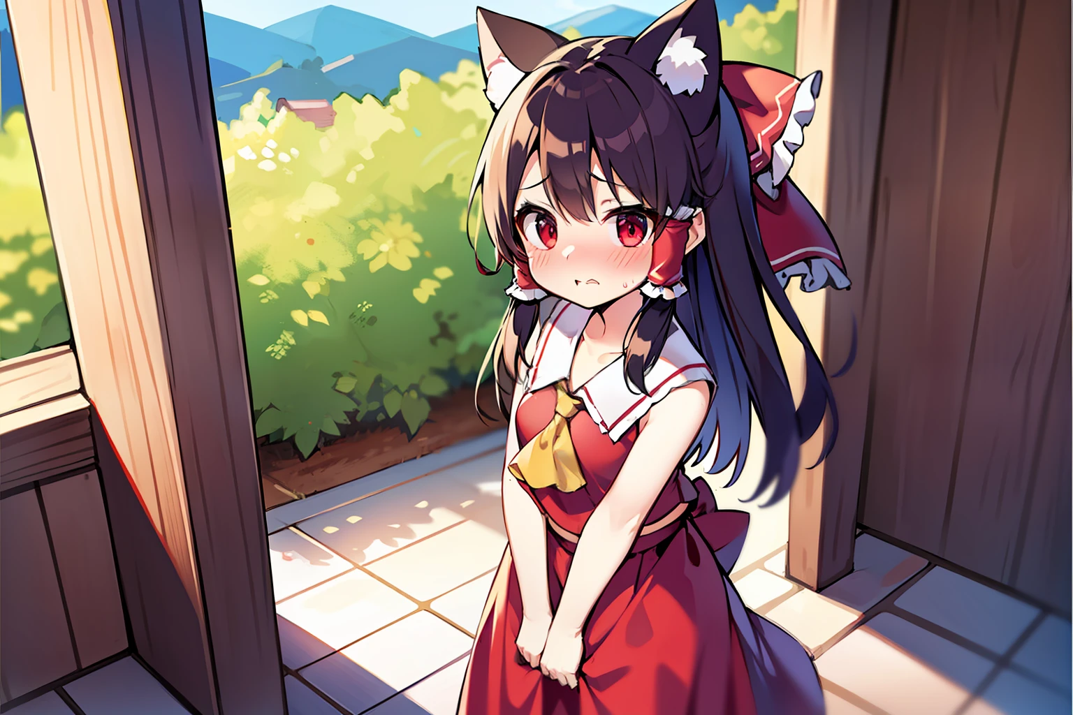 Borei Reimu、cat ear、embarrassed from、is standing、Red ribbons、One Girl