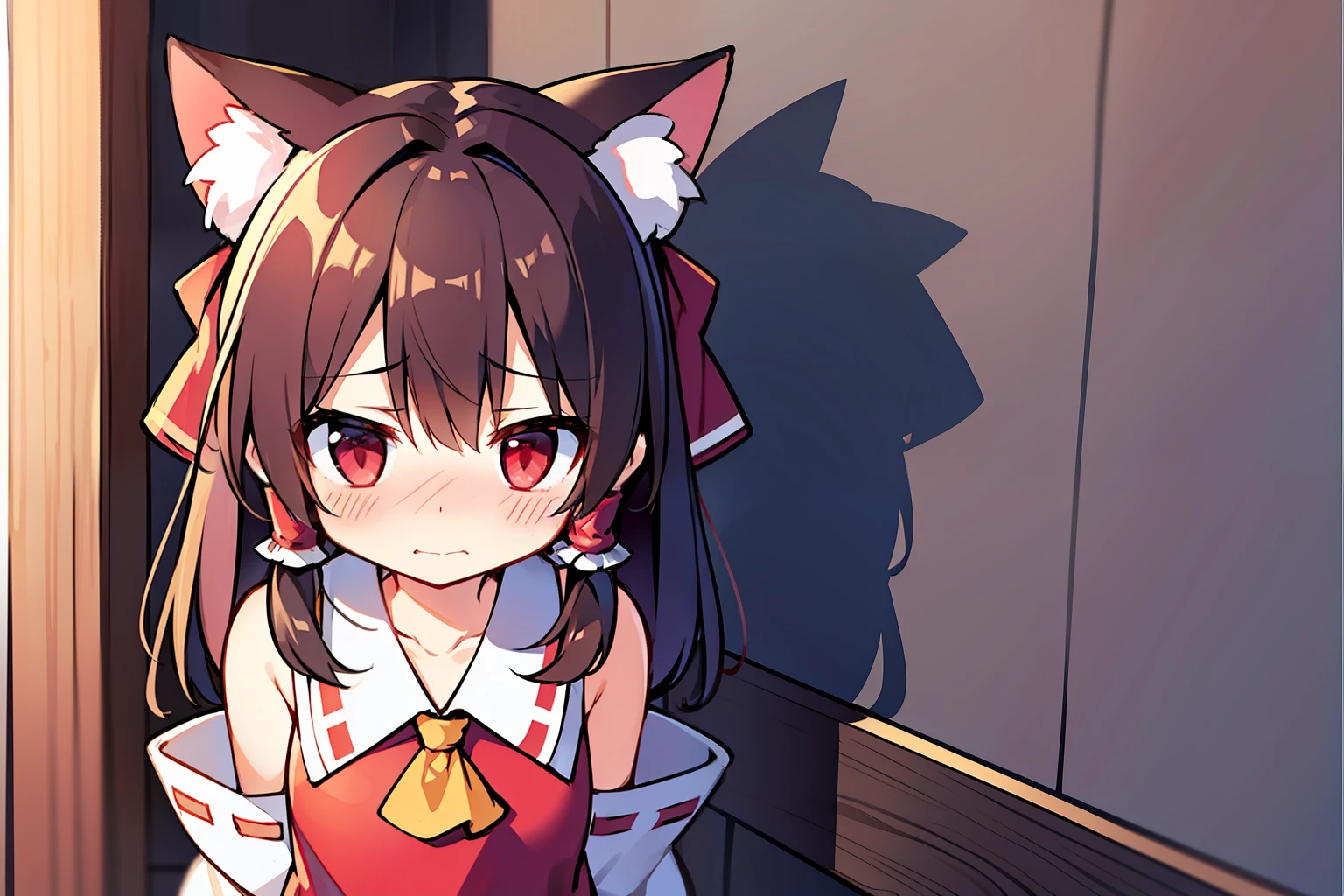 Borei Reimu、cat ear、embarrassed from、is standing、Red ribbons、One Girl