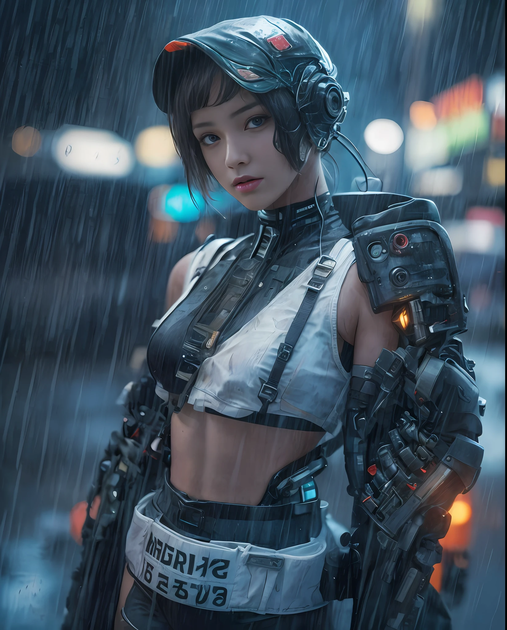 Half body, masterpiece, best quality, (((solo))), (colorfull hair), (half buzz cut hair), luminous eyes, cyberpunk, (white thighhighs),lens flare, depth of field, (wide shot, fisheye:0.85), cyborg arms, crop top, (Highest quality:1.3), (sharp focus:1.5), (photorealistic:1.3), (skin_textures:1.15), (detailed face), (high detailed skin:1.2), (glistening skin:1.15), glossy, (cyborg arms:1.2) baseball caps, kimono tech, japanese, cyberpunk street, roftop, (nights:1.2), fog, wet, (rain:1.2), film grain